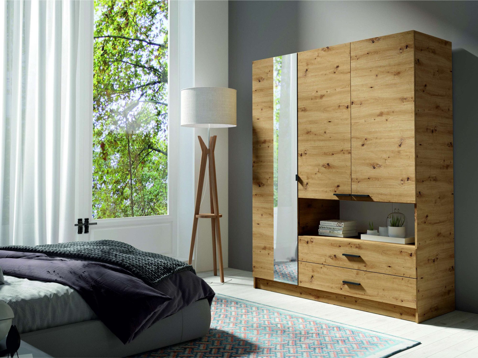 Home affaire Kleiderschrank LAREDO Wäscheschrank komplette Innenausstattung, Maße 158,3/200,5/55cm Garderobe mit offenem Fach, 3 Türen und 2 Schubladen, FSC