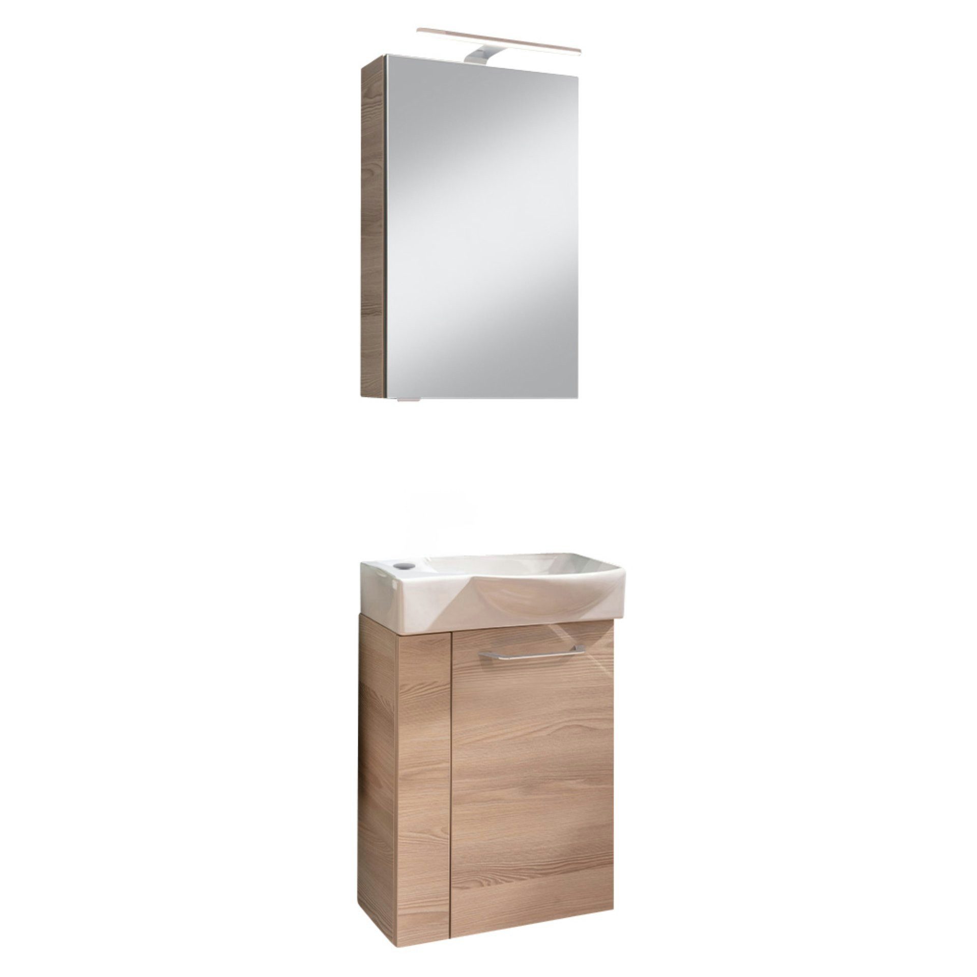 Badmöbel-Set SBC B.CLEVER Gäste-WC-Set, Waschtisch mit Spiegelschrank, Braun hell