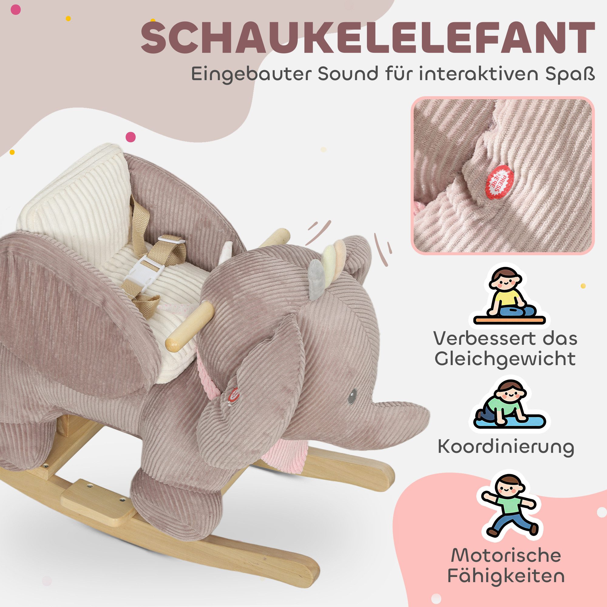 AIYAPLAY Schaukeltier Elefant Schaukel, interaktive Tiergeräusche, weiche Füllung, (1 tlg), für Kinder 1,5-3 Jahre, max. 25 kg, Braun – Bild 5 von 5