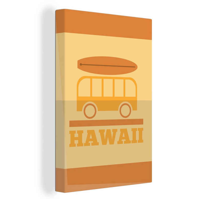 OneMillionCanvasses® Leinwandbild Surfen auf "Hawaii" mit gelbem Hintergrund, (1 St), Leinwandbild fertig bespannt inkl. Zackenaufhänger, Gemälde, 20x30 cm