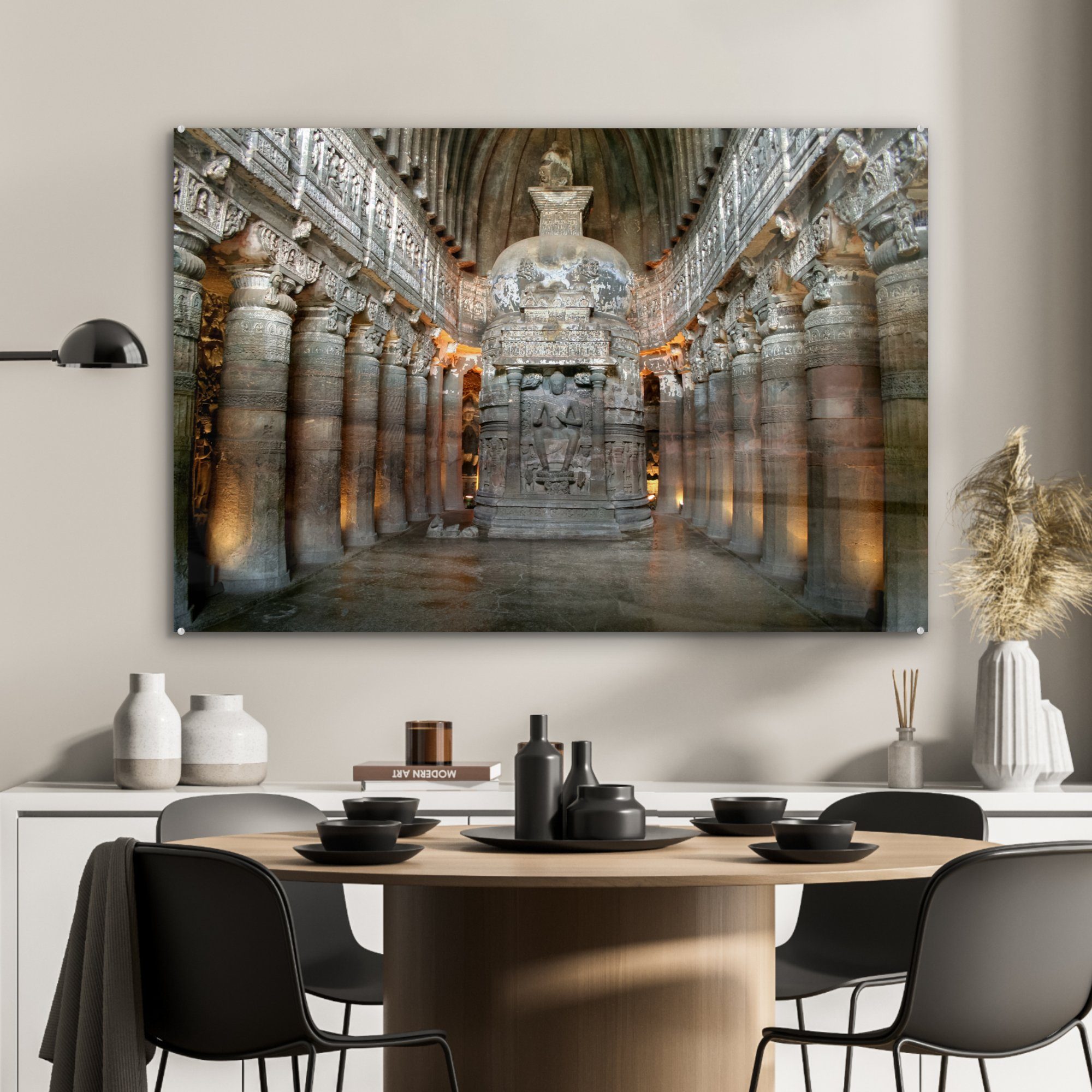 Ajanta-Höhlen, Acrylglasbilder Wohnzimmer Acrylglasbild (1 in Die Schlafzimmer geschnitzten einer der Halle MuchoWow St), &