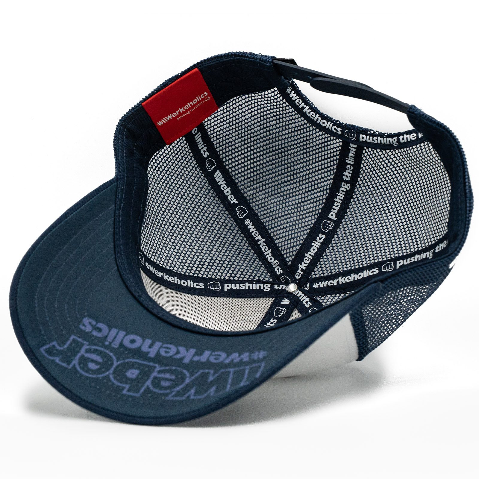 Weber GmbH Trucker Cap Weber #Werkeholics Mesh Baseball Cap blau/weiß (1-St) basecap, mit bedrucktem Unterschirm