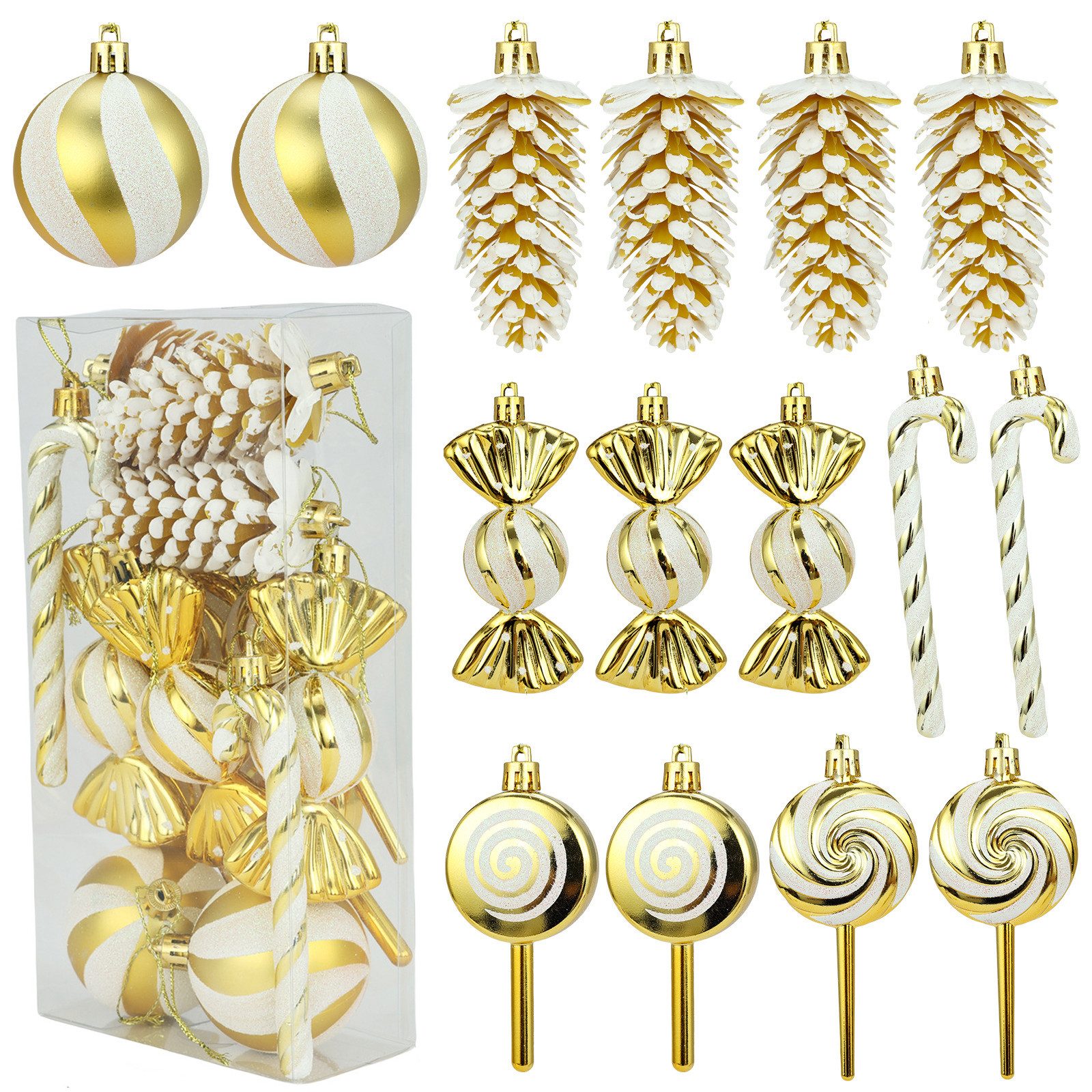 Coonoor Weihnachtsbaumkugel 15-teiliges Weihnachtskugel-Set, Christbaumanhänger, Zuckerstangen, Tannenzapfen, Lutscher, Weihnachtskugeln