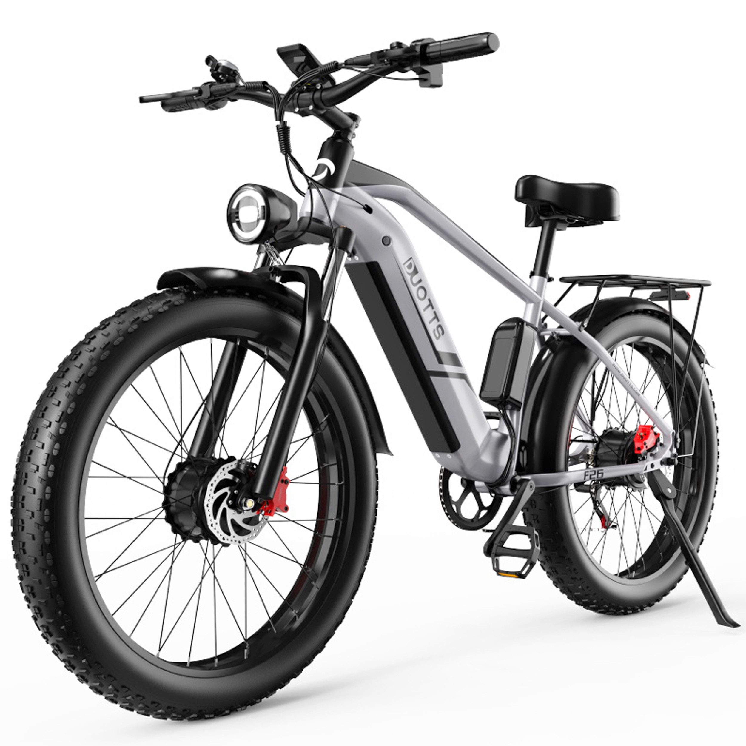 DUOTTS E-Bike Trekkingrad Mountainbike F26 26*4’’ All-Terrain EMTB mit Gepäckträger, 7 Gang Shimano, Kettenschaltung, Dualmotor, 960 Wh, Shimano 7 Gang 960Wh leistungsstarker Motor Alu-Rahmen mit Federgabel