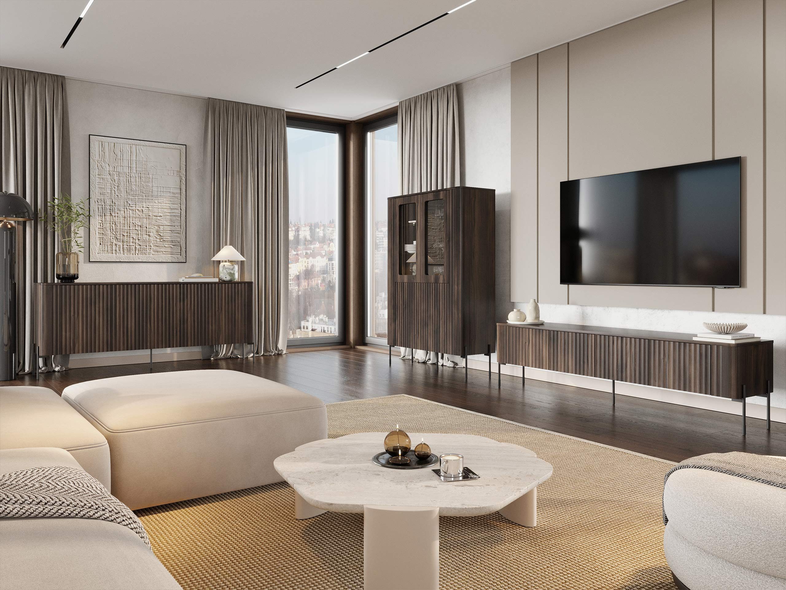 MIRJAN24 Wohnzimmer-Set Vera I, (3er-Set, Kommode, TV-Lowboard, Vitrine), Schwarze Metallfüße