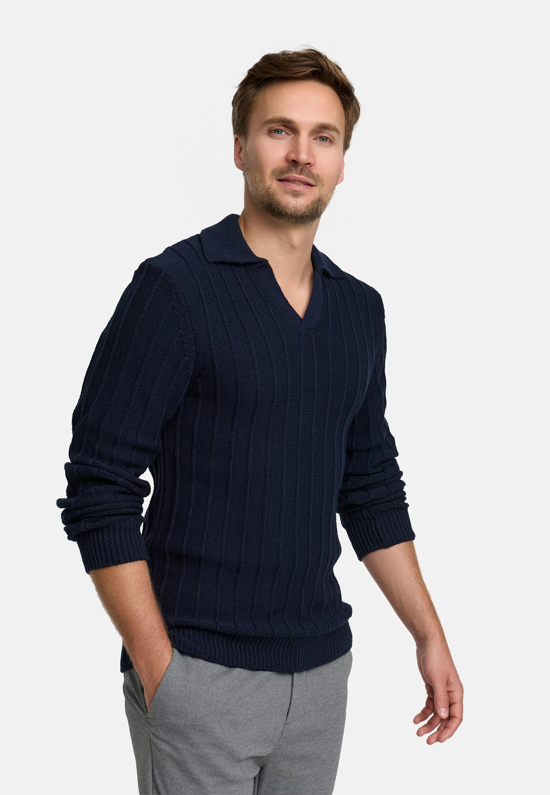 Jeff Strickpullover Herren JFTruman polo Pullover Herrenpullover Polostrick-Pullover mit Kragen und feiner Rippstruktur