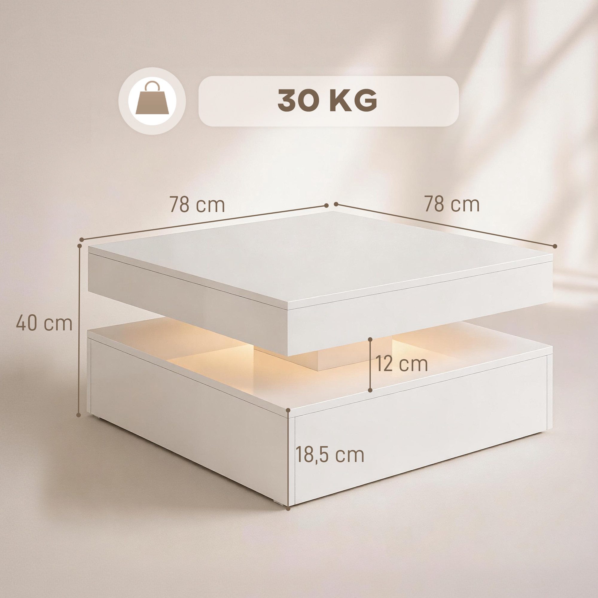 HOMCOM Couchtisch Beistelltisch mit RGB LED Beleuchtung, Offener Ablage (Wohnzimmertisch, 1-St., Kaffeetisch), für Wohnzimmer, 78 x 78 x 40 cm
