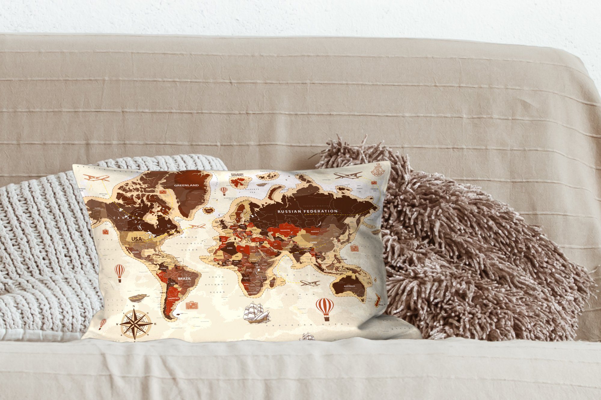 Kompass, Füllung, Wohzimmer Weltkarte mit Schlafzimmer Zierkissen, Dekokissen Dekokissen Dekoration, MuchoWow - - Vintage
