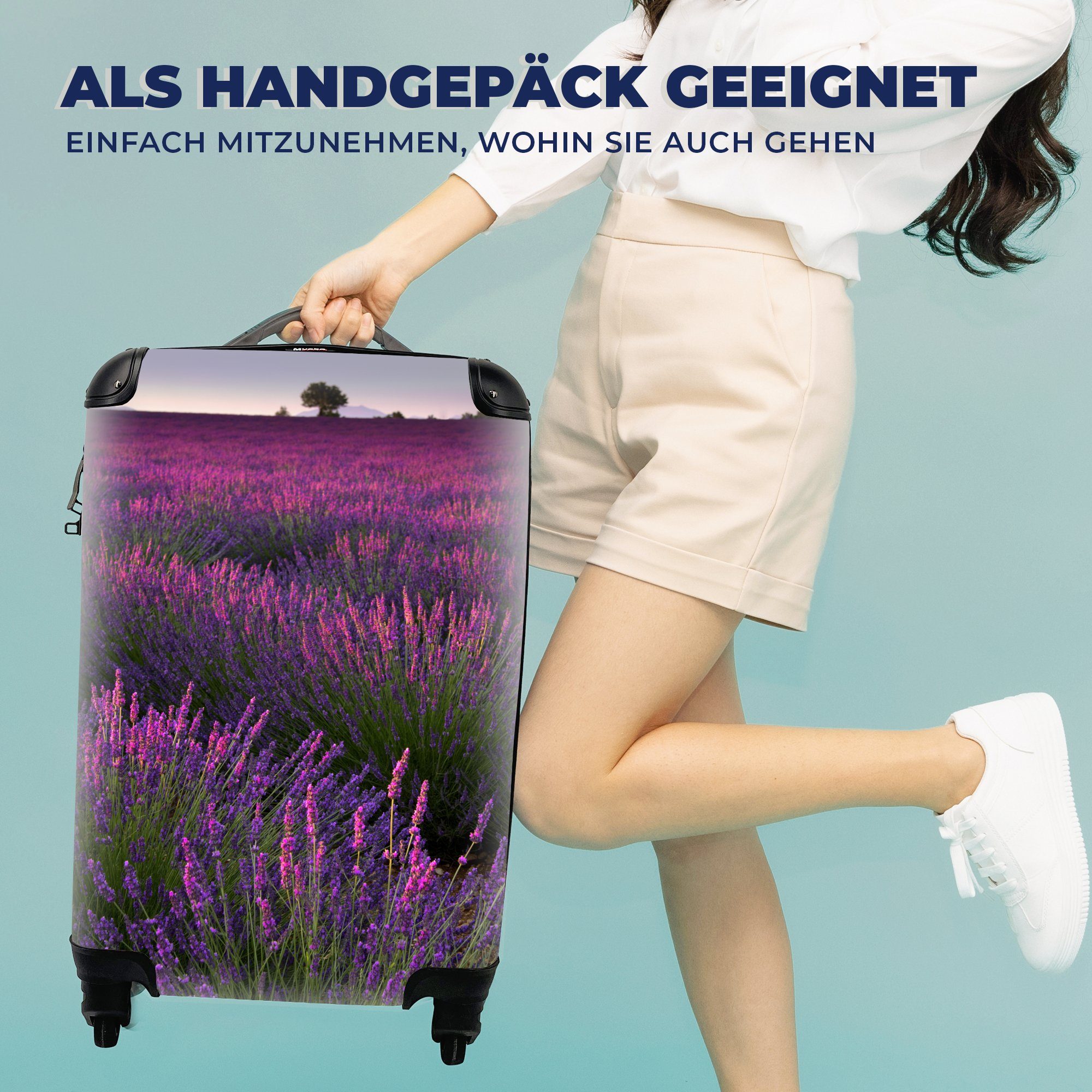 MuchoWow Handgepäckkoffer Lila Lavendelblüten 4 einem mit Ferien, Reisekoffer Reisetasche Rollen, Trolley, Feld, Handgepäck auf rollen, für