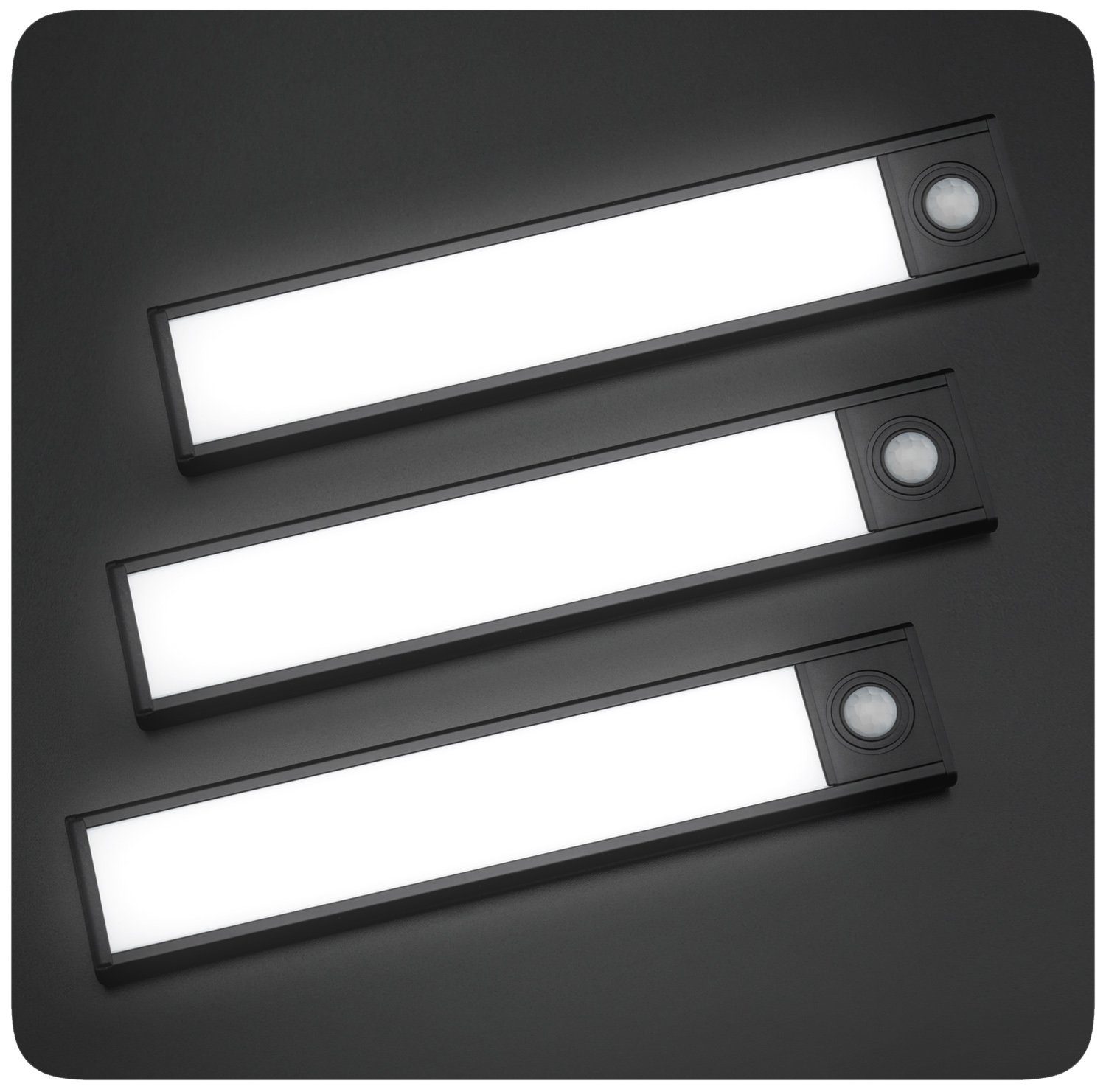 PRECORN Schrankleuchte 3er Set LED schwarz wiederaufladbar 20cm USB Schranklicht Lichtleiste