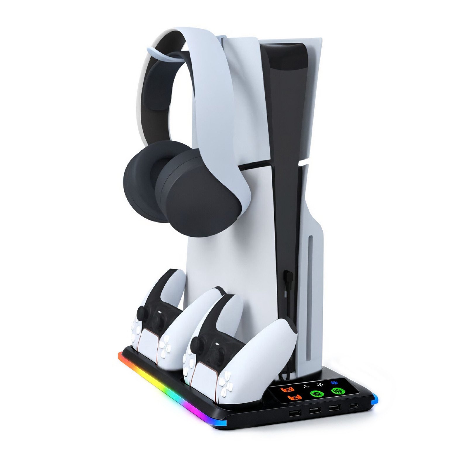 BBG PS5 Kühlständer für PS5 / PS5 Slim / PS5 Pro Ladestation (2800 mA, mit Headset-Halter & USB-Hub, Geräuscharm Lüfter, für PS5, PS5 Slim und PS5 Pro (Digital & Disc), mit Dual-Controller-Ladestation, RGB-Beleuchtung)