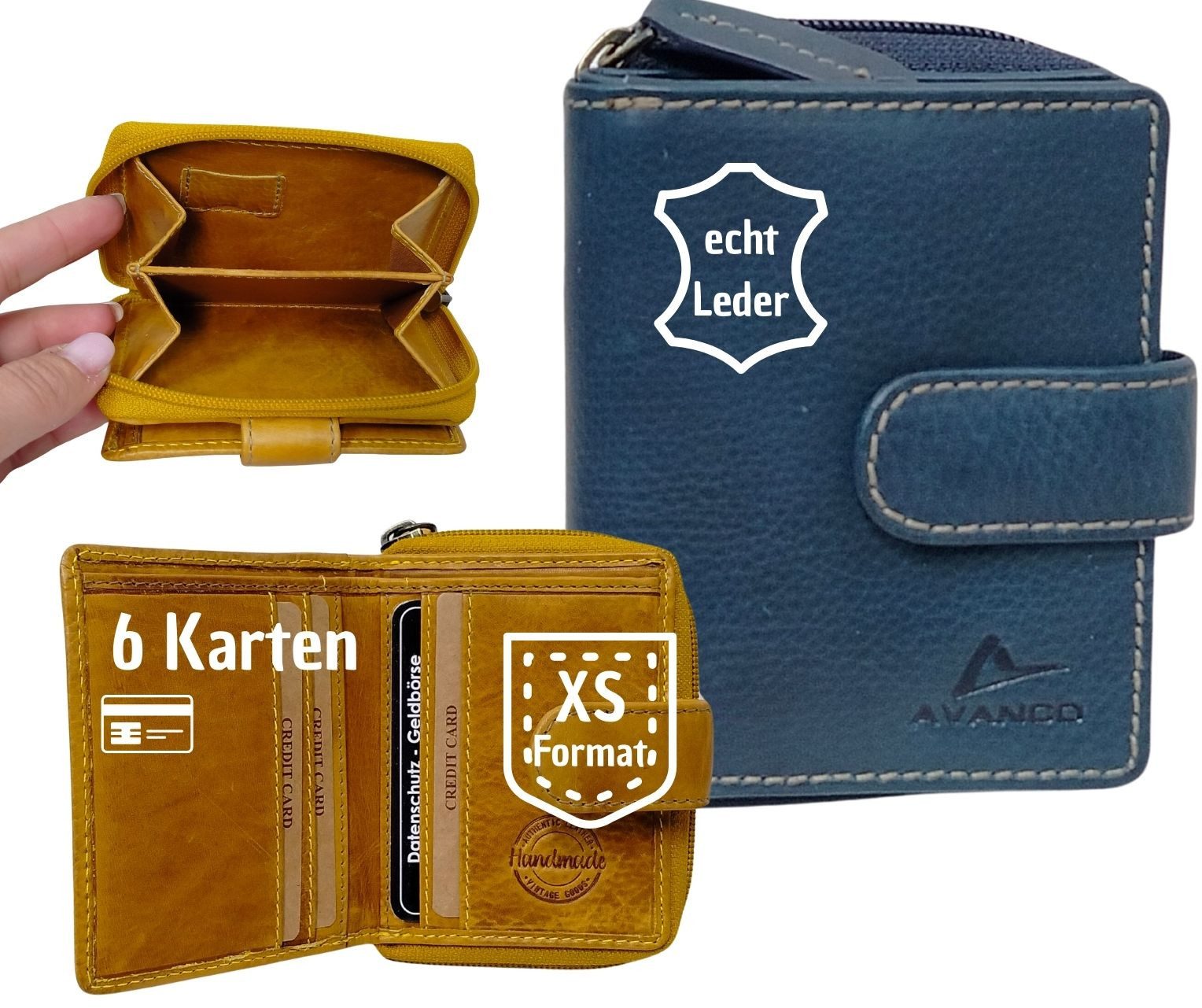 Geldbörse Damenbörse Echtleder blau klein – Leder Geldbörse mit Reißve
