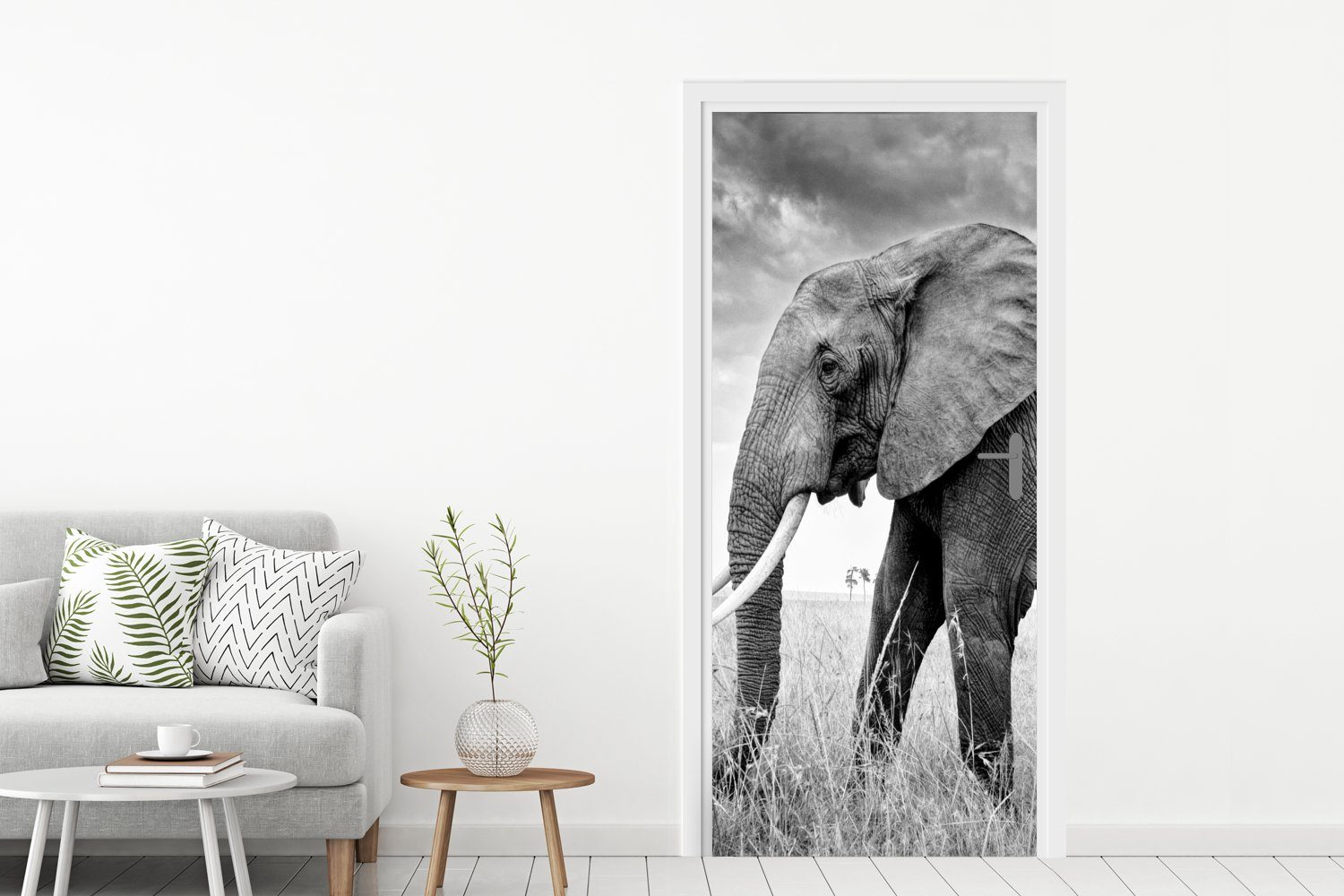 Elefant Schwarz St), 75x205 Türaufkleber, für Gras - weiß, Türtapete (1 Matt, bedruckt, Tiere cm - und MuchoWow Tür, Fototapete -