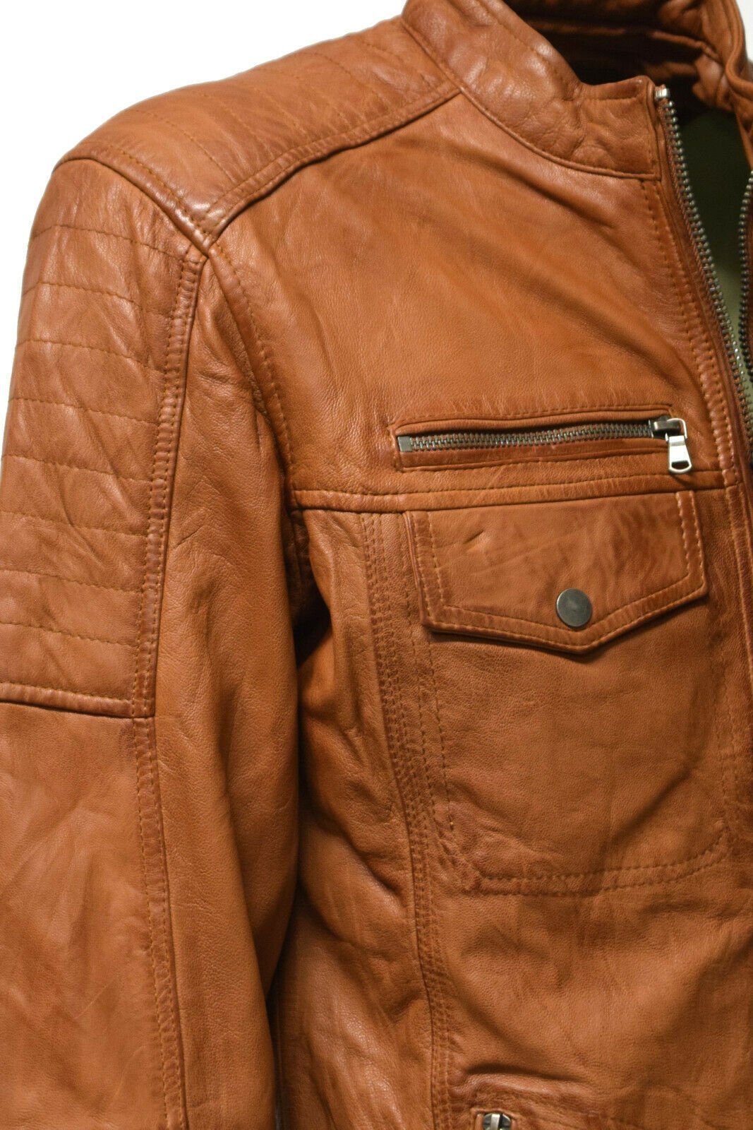 Ray Lammnappa Zimmert washed Umschlagkragen, Cognac Braun Taschen, Leather viele Lederjacke Leder,