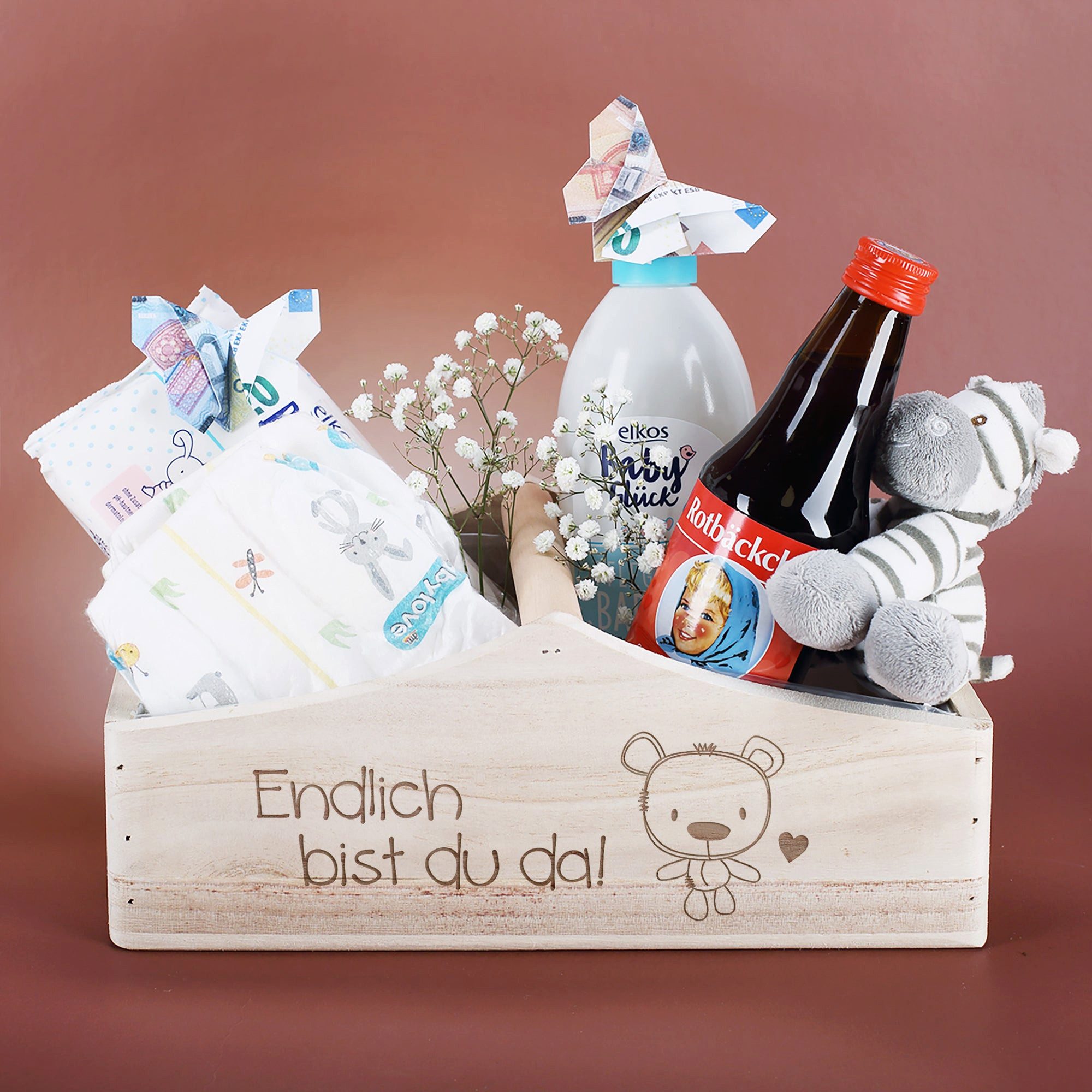 Striefchen Geschenkbox zur Geburt mit süßem Teddy Motiv graviert "Endlich bist du da"