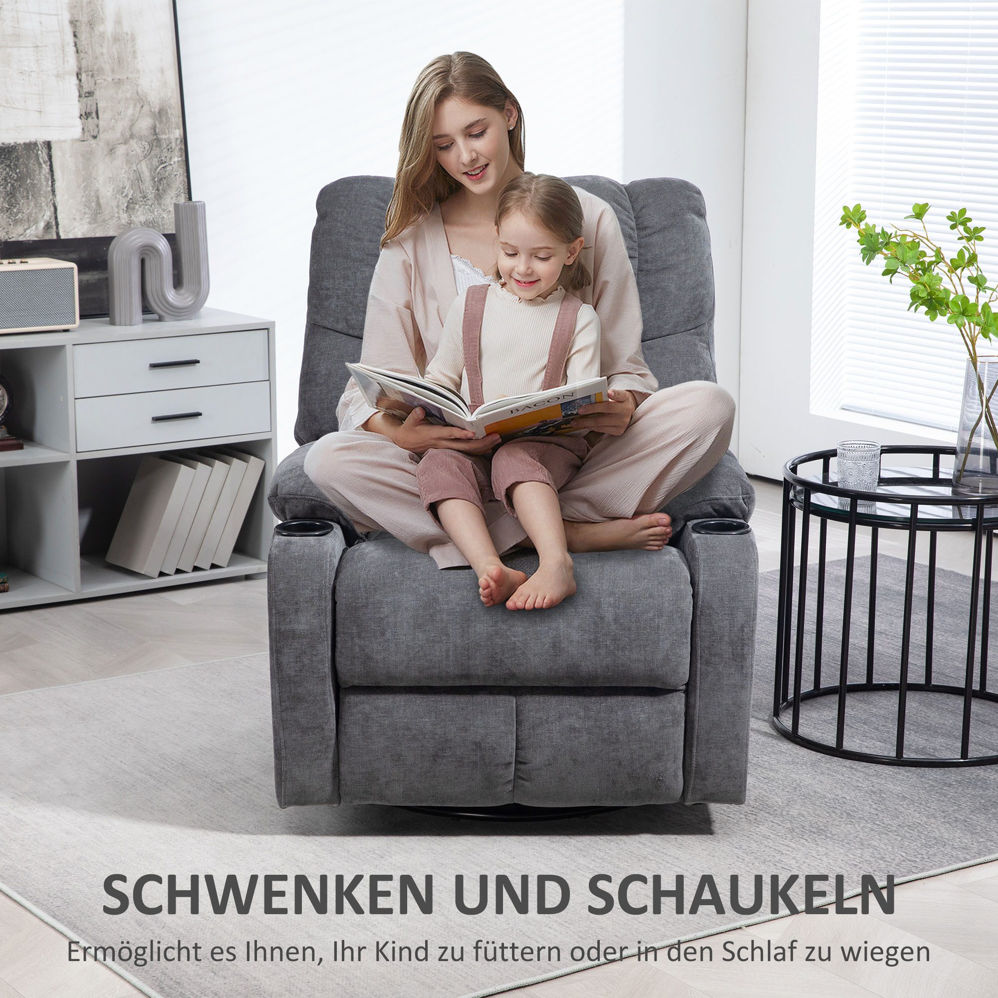HOMCOM Relaxsessel Fernsehsessel mit Liegefunktion, Schaukelfunktion und Becherhalter (TV-Sessel, 1-St., Ruhesessel), für Wohnzimmer, Dunkelgrau – Bild 5 von 5