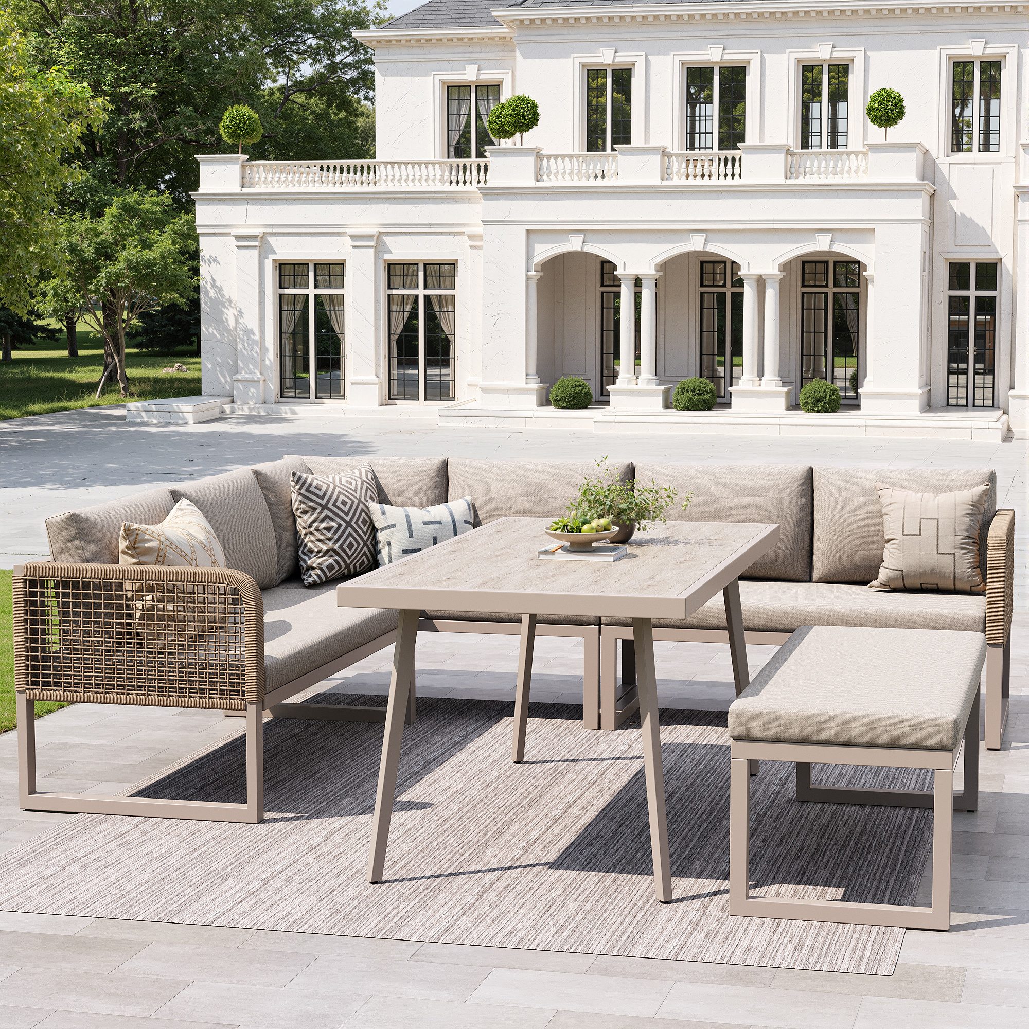 HAUSS SPOLE Gartenlounge-Set 5 Teiliges Loungesofa Set Handgeflochten Rattanoptik Abnehmbare Kissen, (modulare Polstergruppe, 1-tlg)