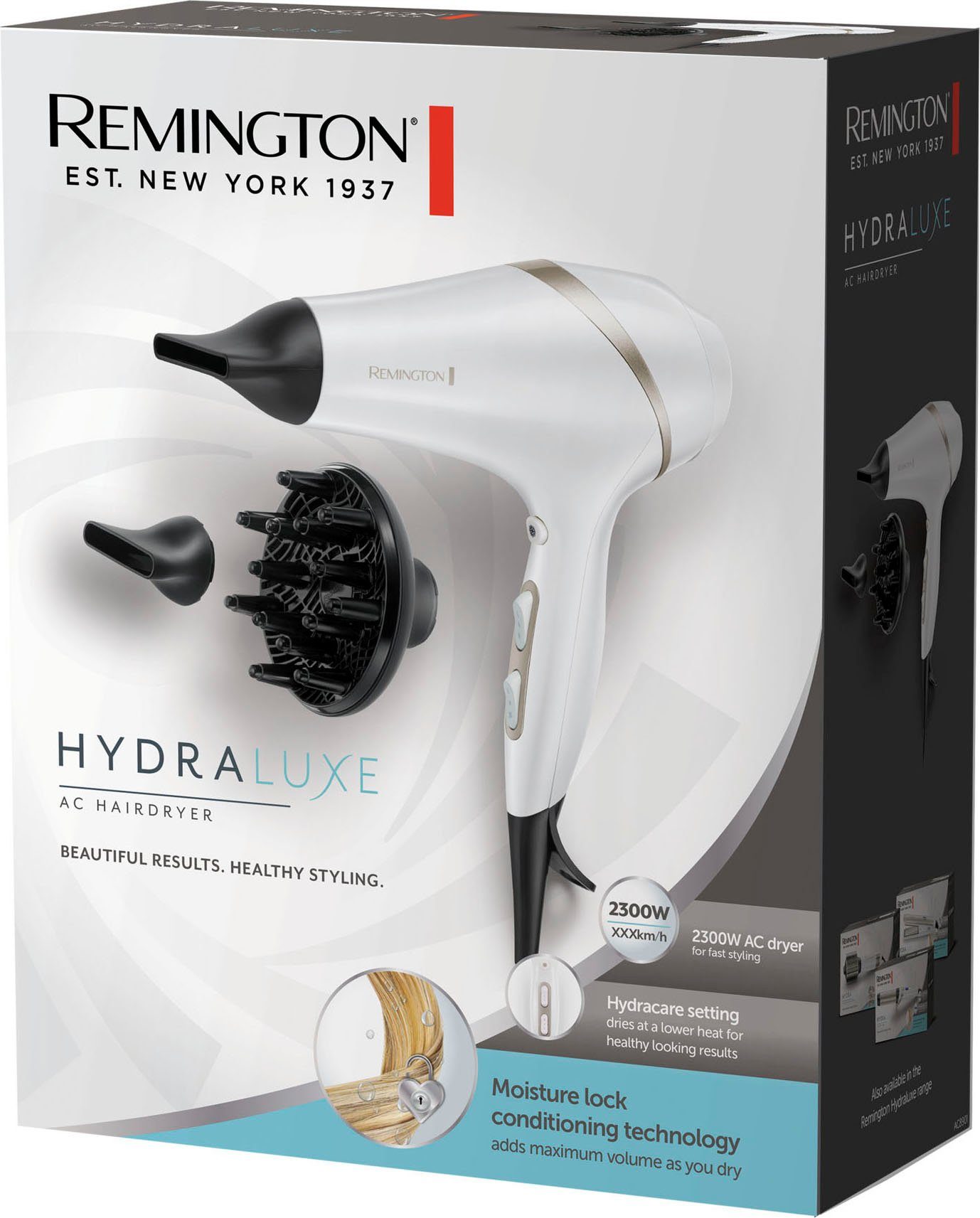 Remington Haartrockner & inkl. Luftstrom, Diffusor 130 2300 W, 2.300 Watt, AC890, km/h 2 HYDRAluxe Stylingdüsen