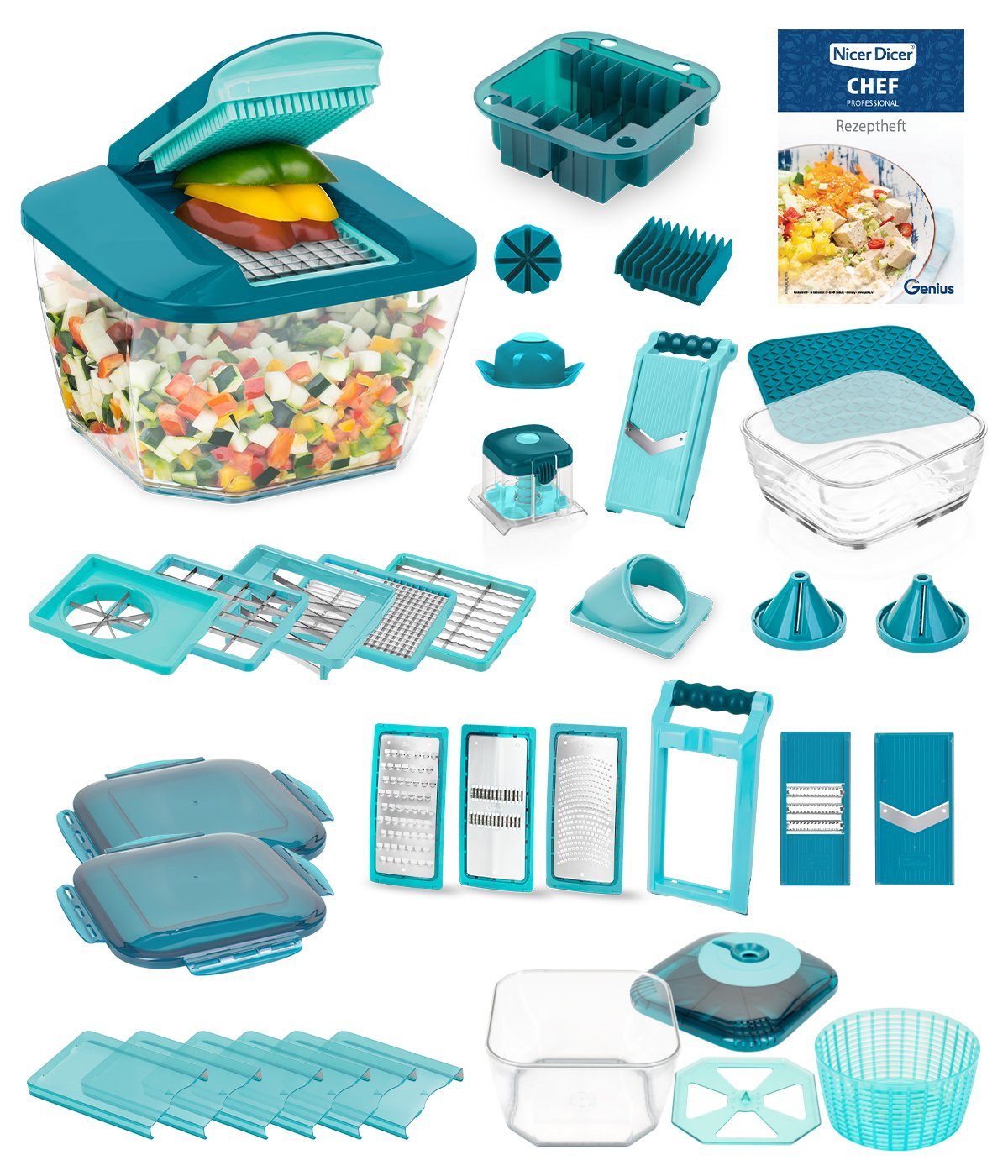 Genius Gemüseschneider Zerkleiner Nicer Dicer Chef Professional Deluxe 39-tlg., 5.2L Behälter Deckel Gemüsehobel Zerkleiner