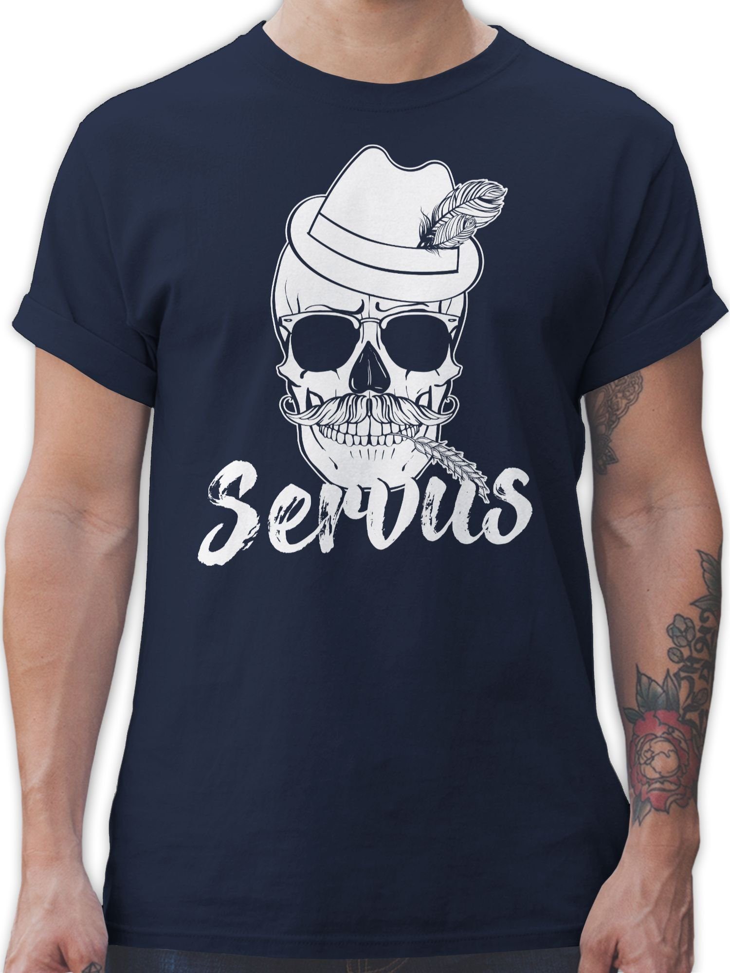 Shirtracer T-Shirt Bayern Totenkopf Mode Herren Navy für Oktoberfest Blau Weiss 2 Servus