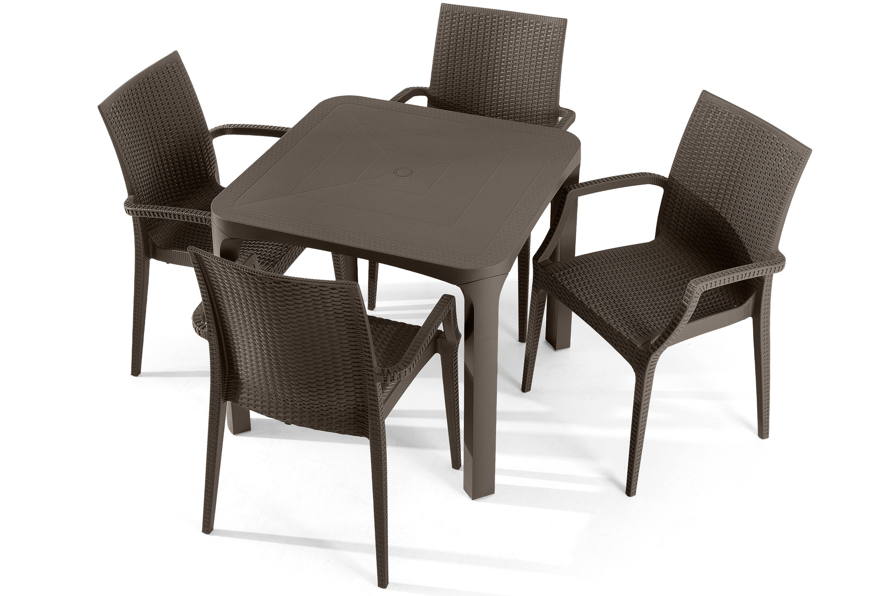 KONSIMO® Garten-Essgruppe LEOPSI, ETULI Gartenmöbel-Set, Premiumware aus Italien, (Stapelbarkeit, pflegeleicht, 5-tlg., 1 Tisch, 4 Stühle mit Armlehnen), Schirmloch in der Tischplatte, aus recycelten Materialien