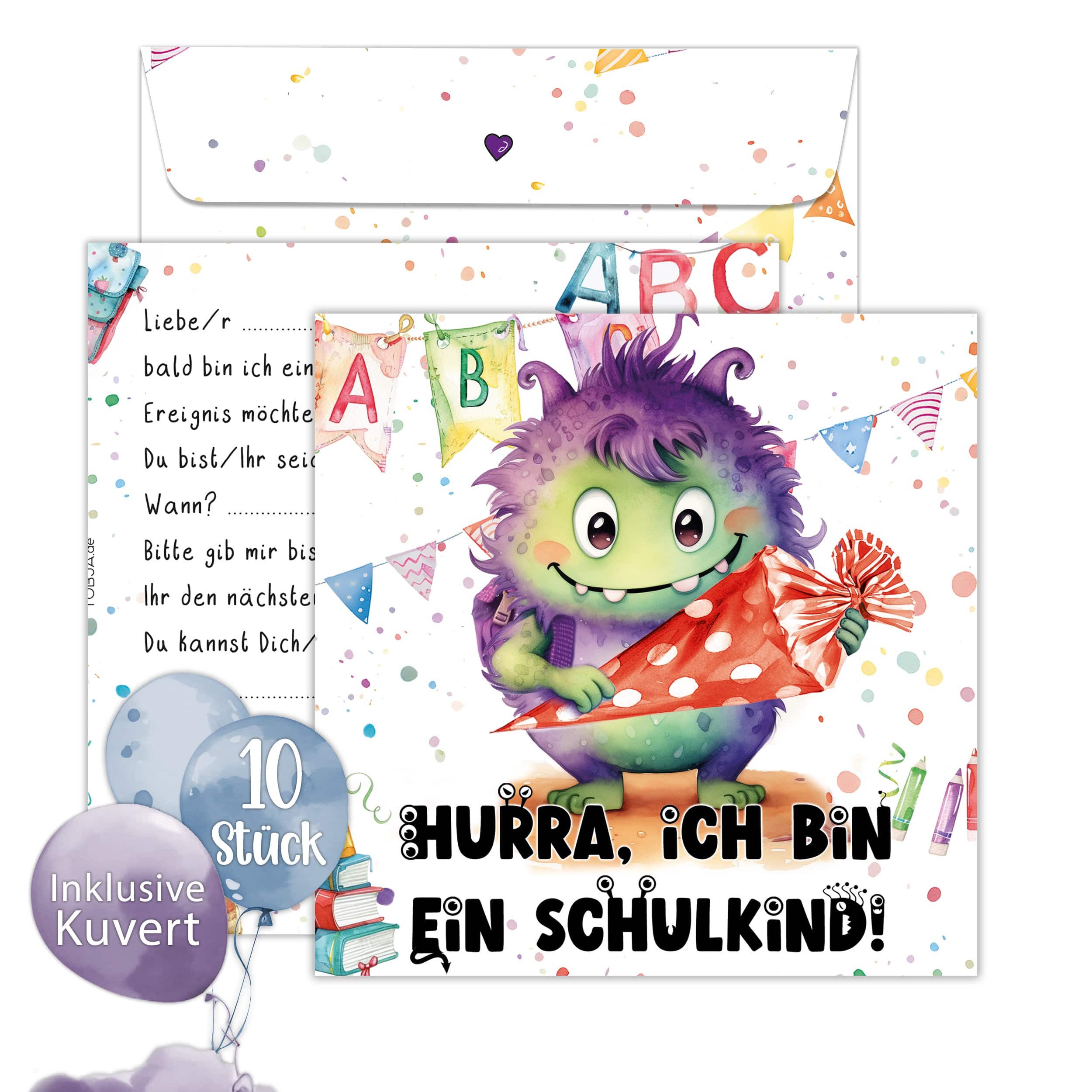 TOBJA Einladungskarten Monster 10x Einladung Einschulung Junge u. Mädchen, Einladungskarten Einschulung Schule