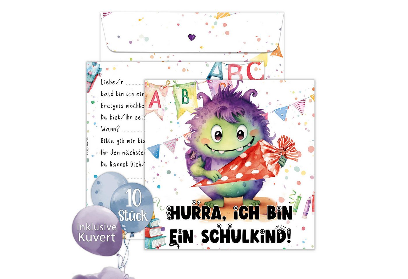 TOBJA Einladungskarten Monster 10x Einladung Einschulung Junge u. Mädchen, Einladungskarten Einschulung Schule