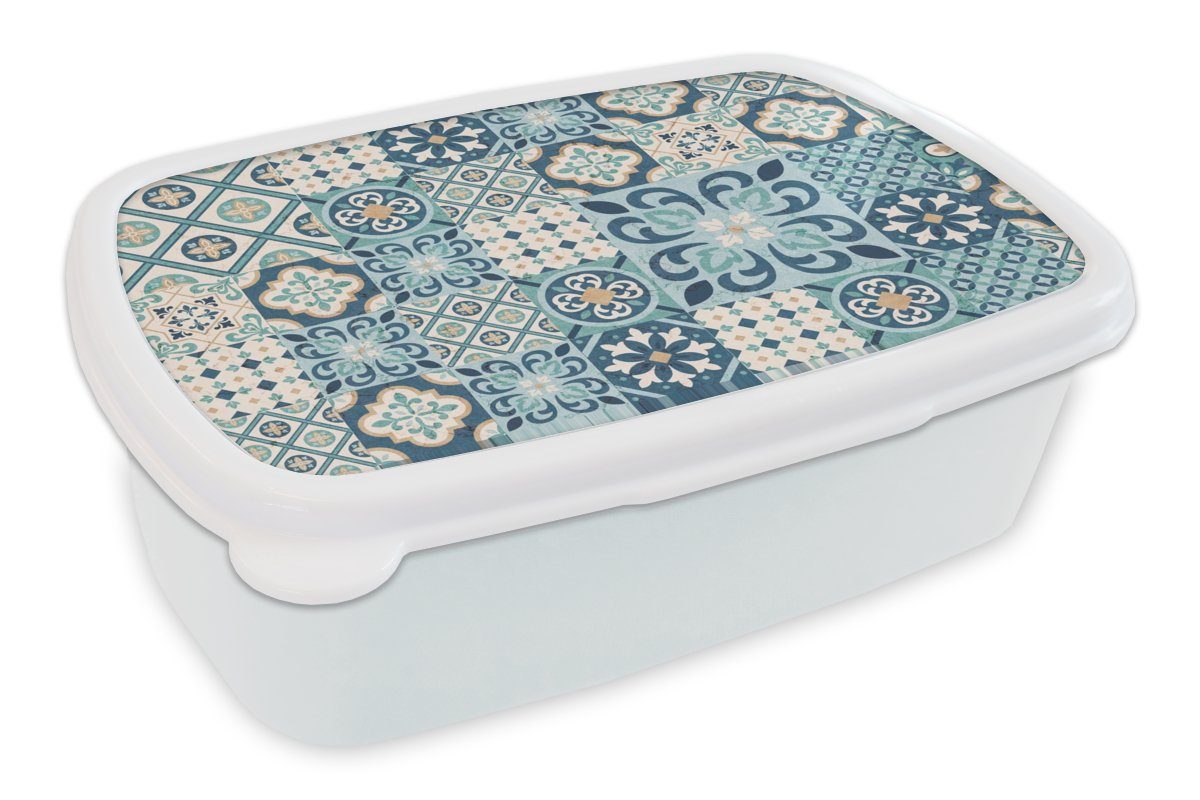 Jungs Blau Brotbox Erwachsene, Kinder Kunststoff, Brotdose, - Fliese, für weiß - (2-tlg), Design MuchoWow Mädchen und und für Blumen Lunchbox -