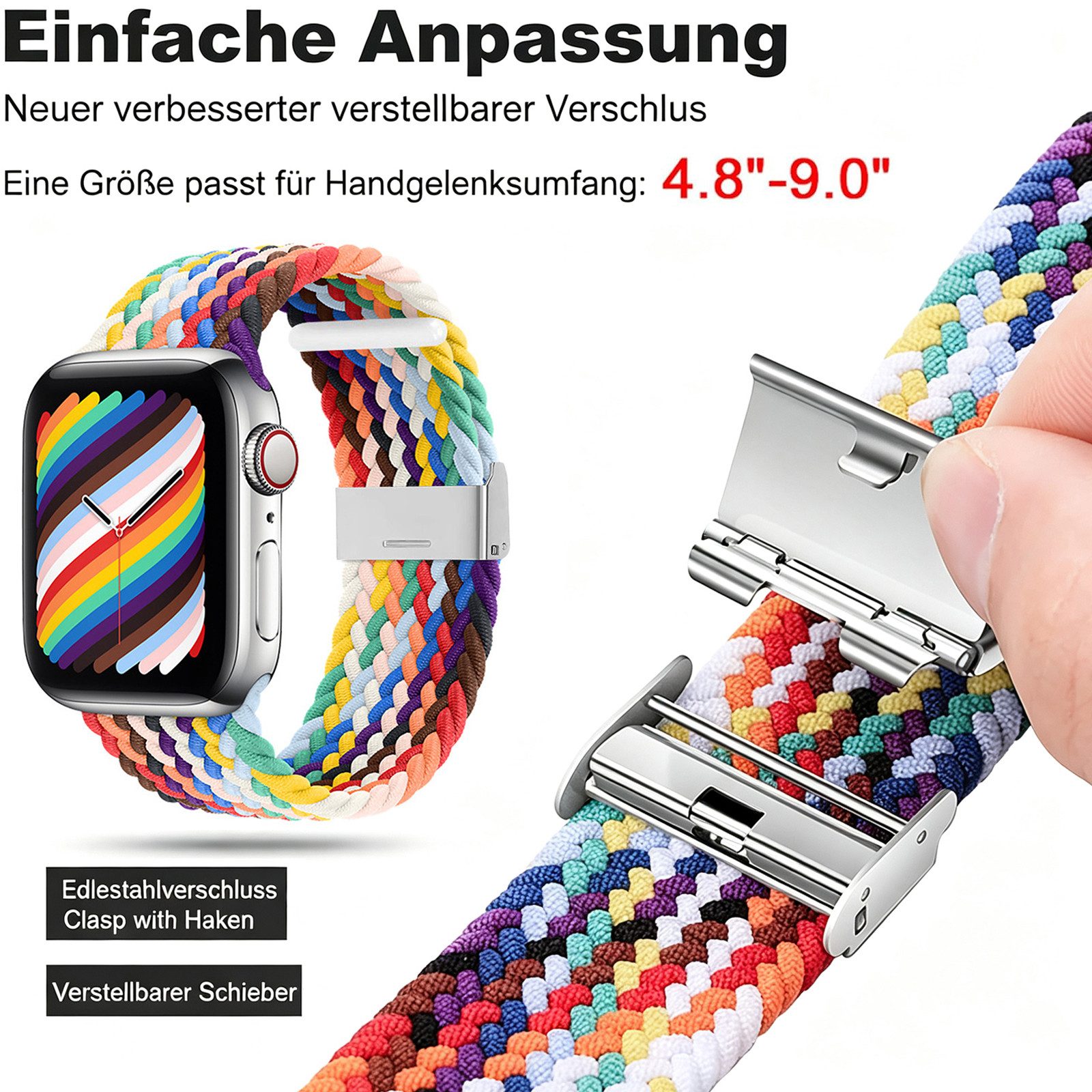 BOOD Uhrenarmband Nylon-Uhrenarmband, 20–22 mm, Geflochtenes Nylon‑Armband 20 mm / 22 mm, verstellbar für Smartwatch – Bild 5 von 5
