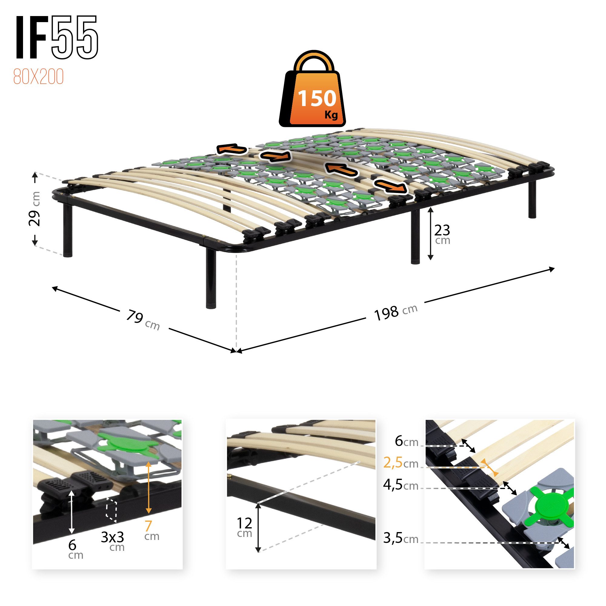 Teiltellerlattenrost i-flair Tellerlattenrost 80x200 cm auf Füßen, Gästebett Ergo IF55, i-flair, Kopfteil nicht verstellbar, Fußteil nicht verstellbar, Für alle Matratzen geeignet,stabile Füsse