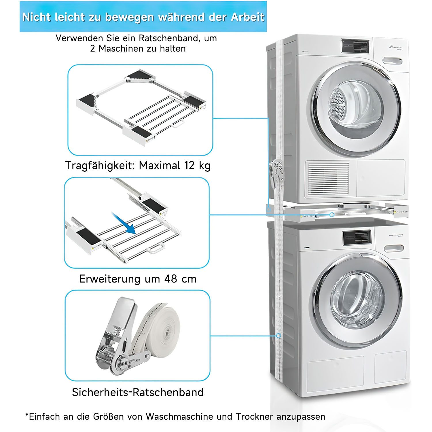 Refined Living Waschmaschinenuntergestell Zwischenbaurahmen Universal Verbindungsrahmen Waschmaschine Trockner, Zubehör für Zwischenbausatz Stapelrahmen Ausziehbarem Handtuchhalter Stahl Weiß, Ausziehbarer Ständer für eine Breite von 45–66cm Waschmaschinenzubehör