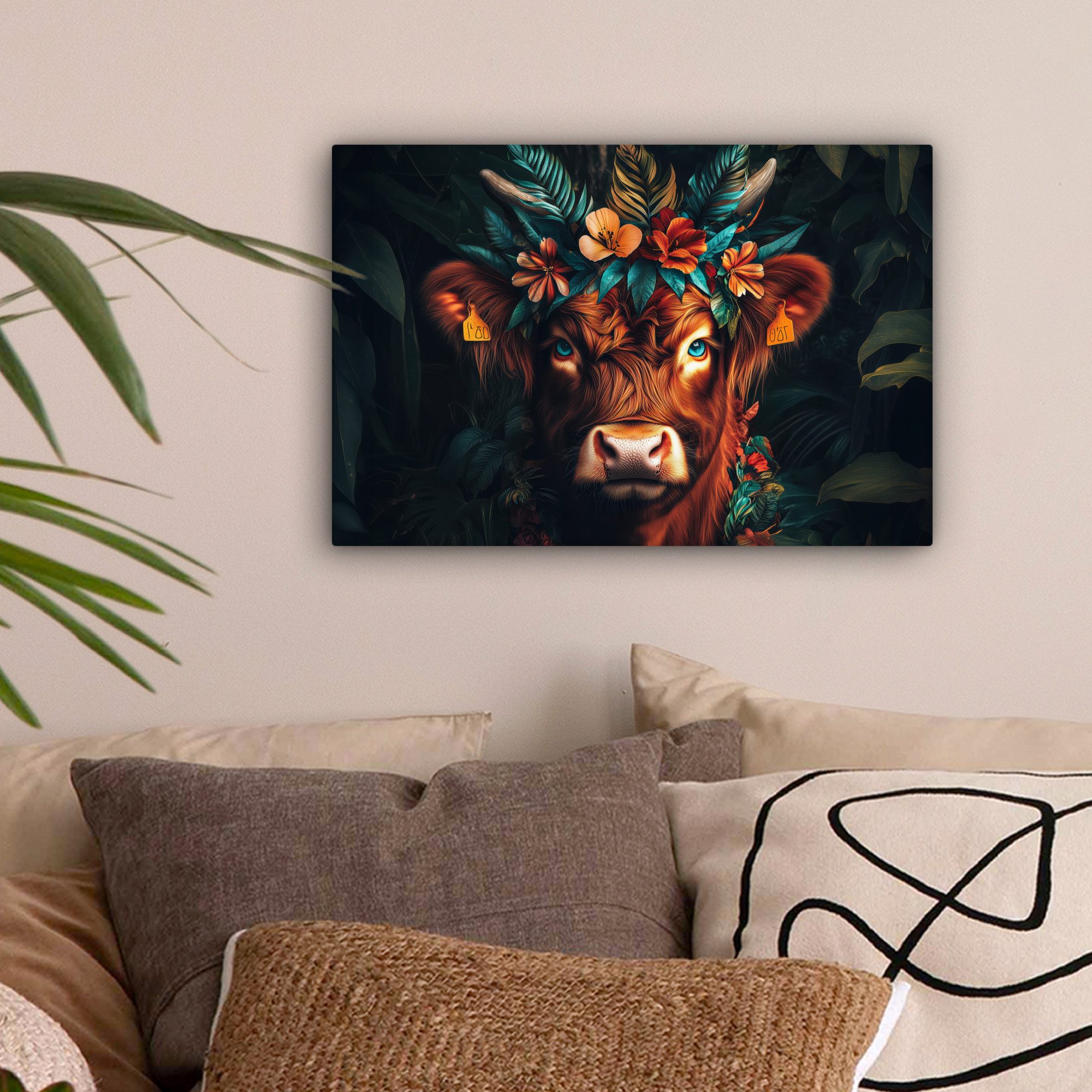 OneMillionCanvasses® Leinwandbild Schottischer Highlander - Blumen - Blätte günstig online kaufen