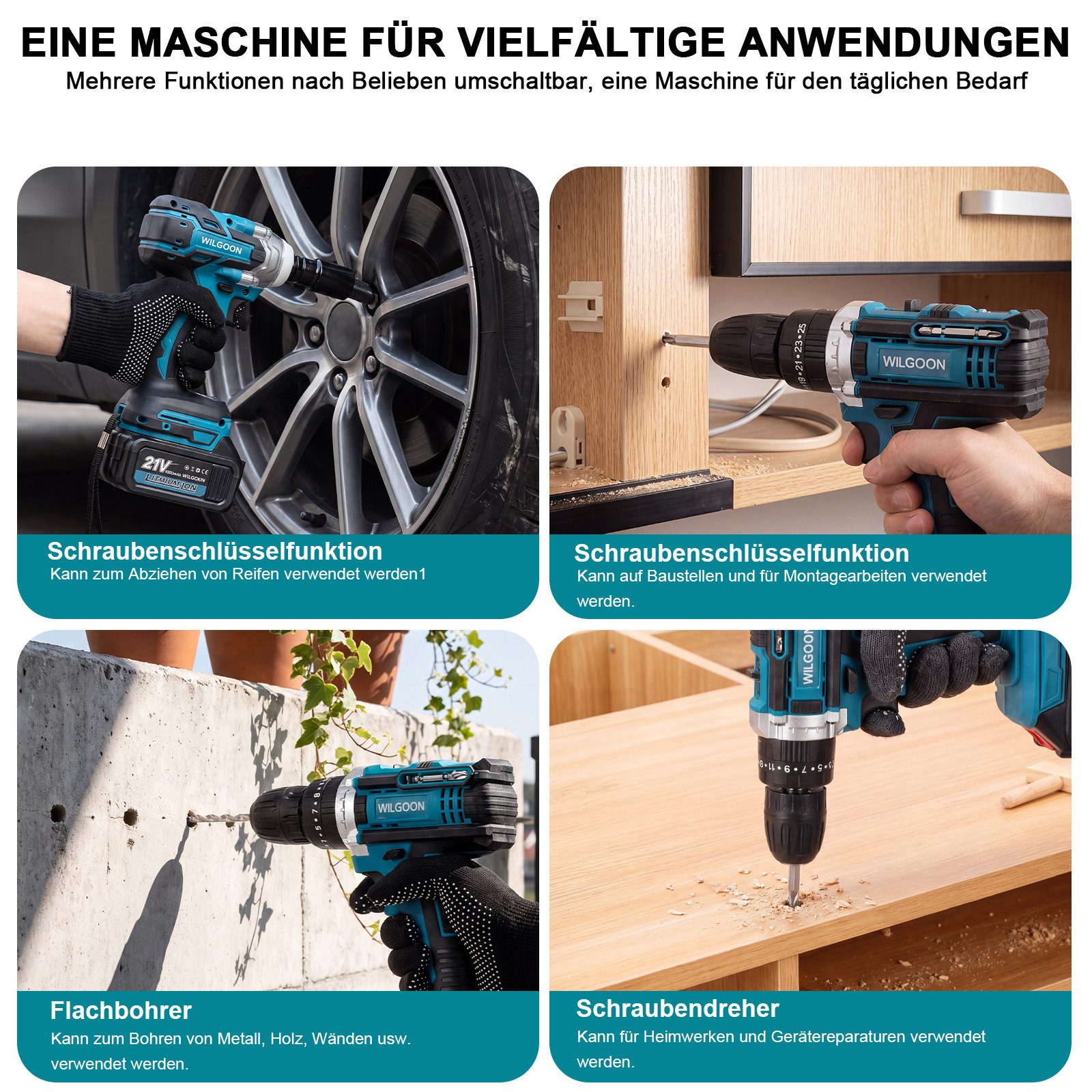 oyajia Elektrowerkzeug-Set 21V 4 IN 1 Multi Elektrowerkzeugsatz, 4-teilig, inkl Akkus und Zubehör, 4-tlg., Winkelschleifer Bohrmaschine Elektrischer Hammer Akku-Schlagschrauber