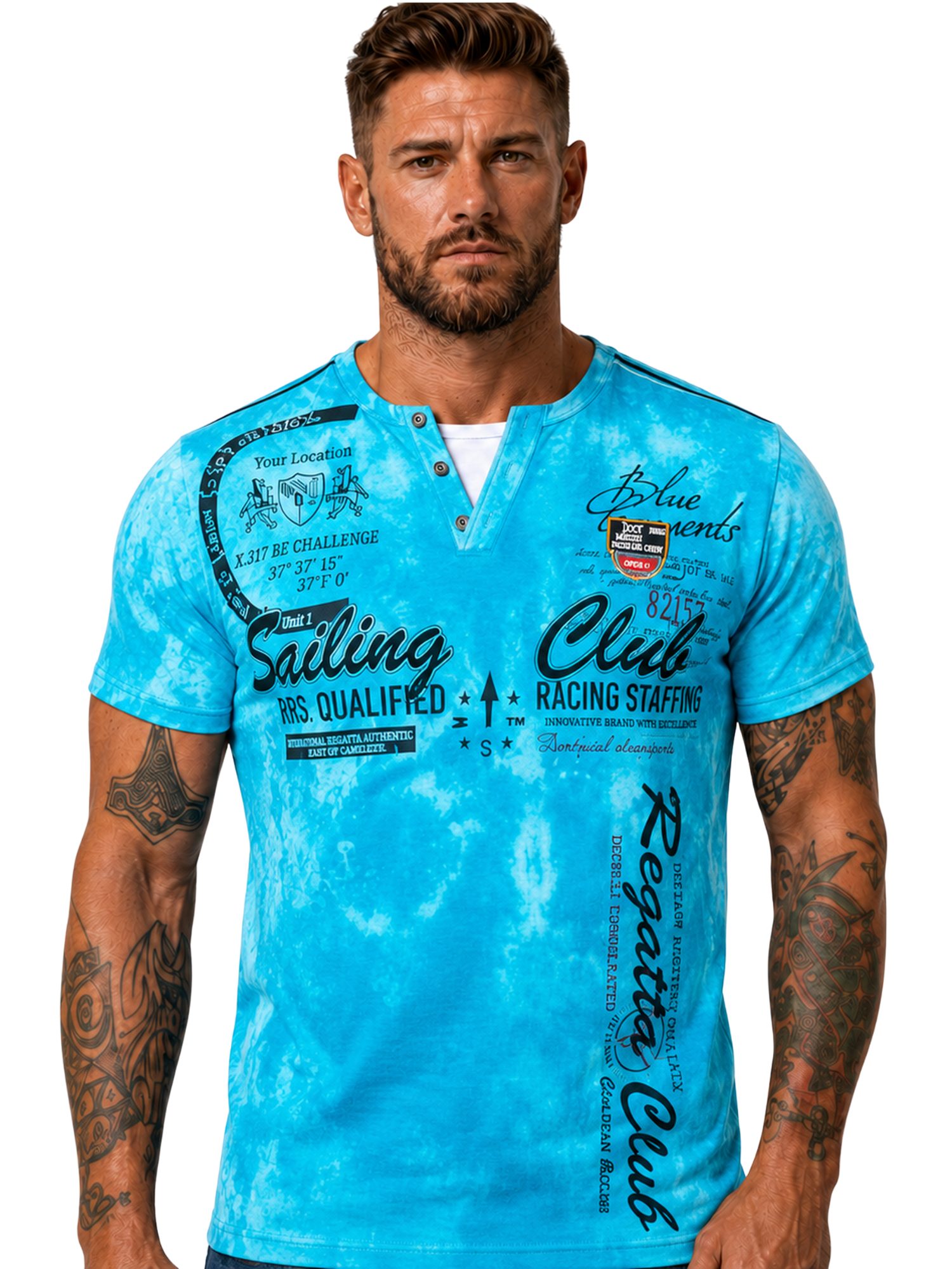 L.gonline Kurzarmshirt Herren T-Shirt, Sommershirt, Batik Optik, 2879 Türkis XXL (Shirt Kurzarmshirt Tee, 1-tlg) Fitness Freizeit Casual – Bild 4 von 5