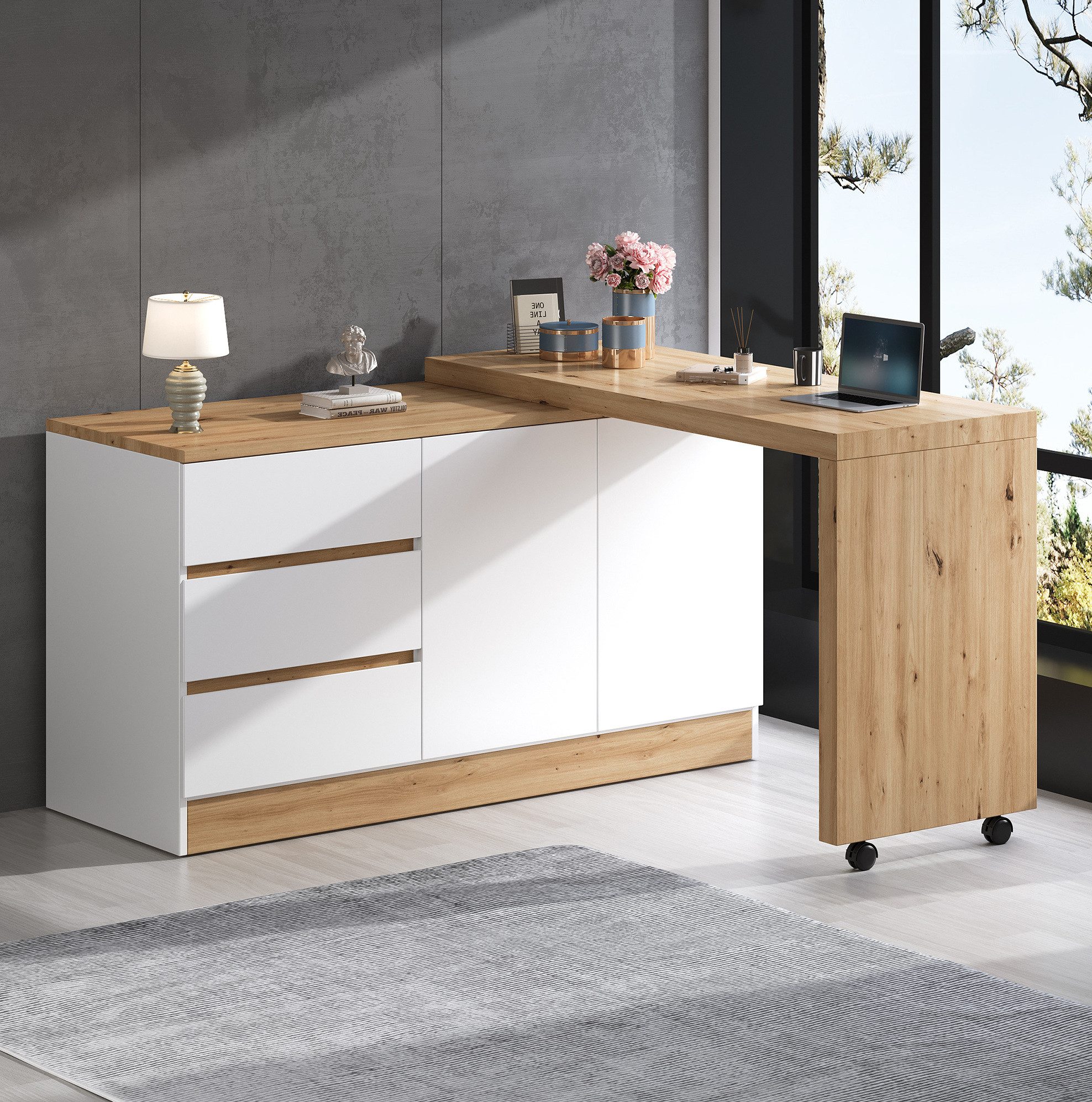 OKWISH Eckschreibtisch Kompakter Tisch – 120×78×50 cm mit Stauraum & Rollen (Packung, 1-St., Natur+Weiß, für Homeoffice & Schminkbereich), drehbare Platte, 3 Schubladen, 2 Türen, stabil