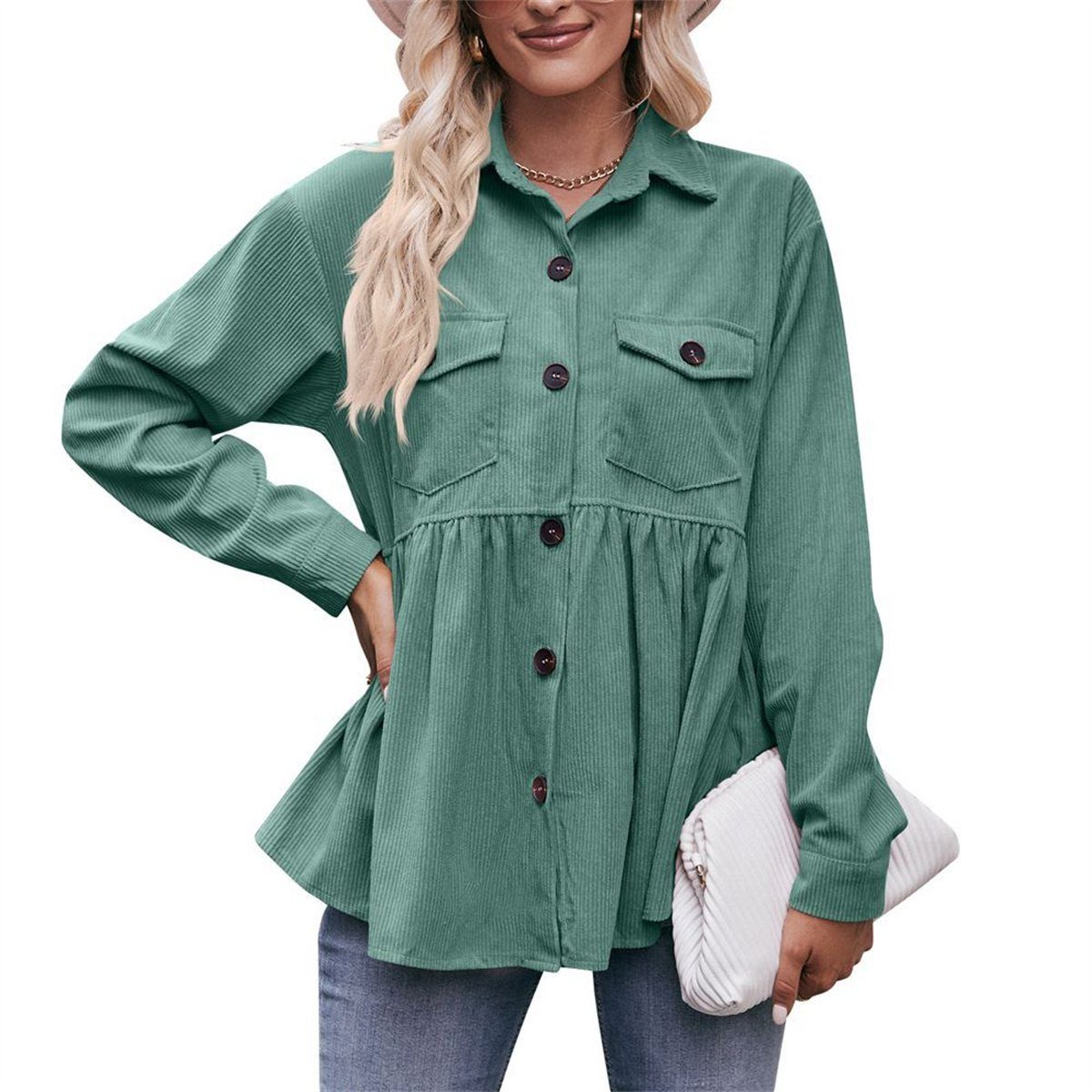 Langarmshirt selected Damen-Cordhemd, Grün carefully Blusenjacke lässiges