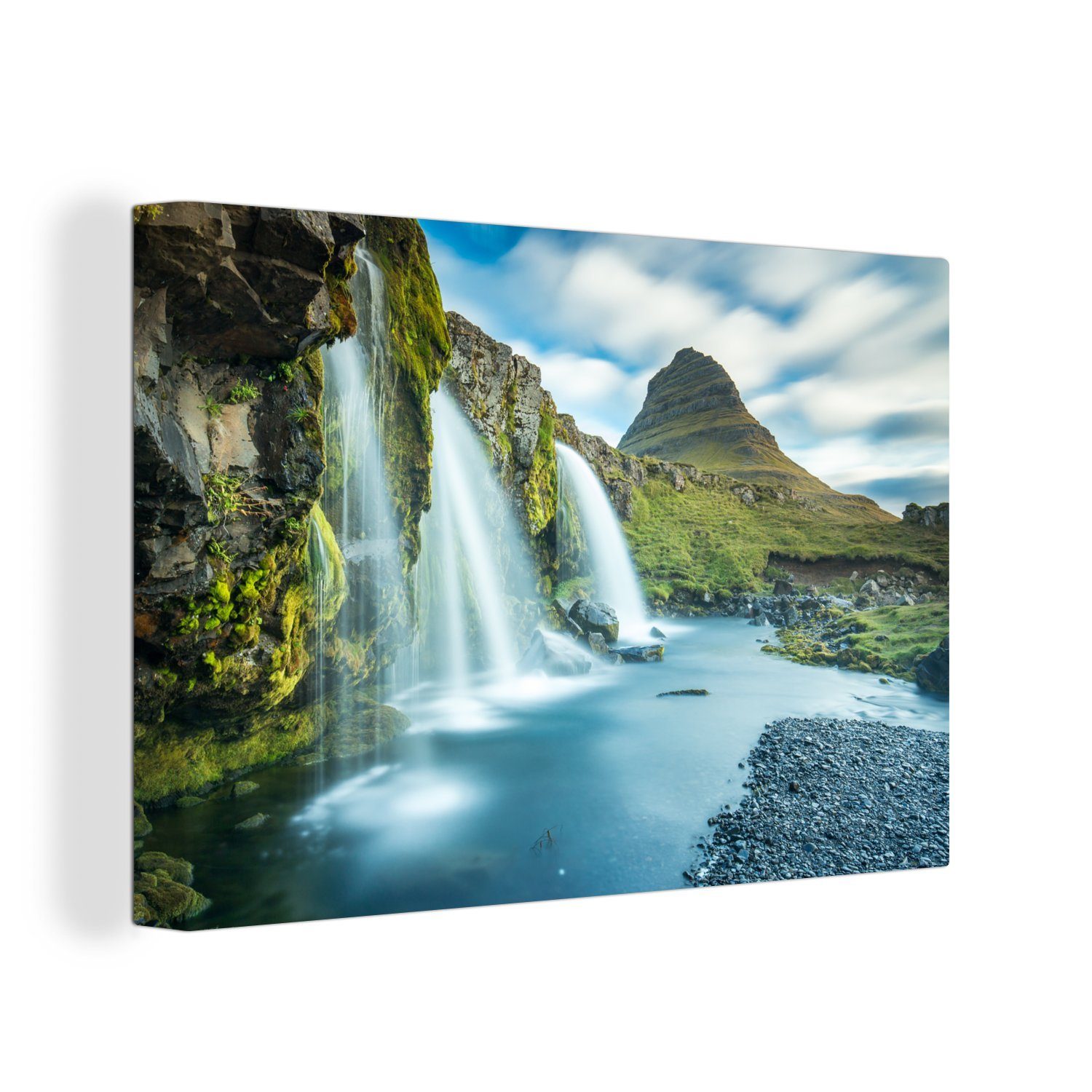 OneMillionCanvasses® Leinwandbild Wasserfälle, die in einen See im isländischen Vatnajökull-Nationalpark, (1 St), Wandbild Leinwandbilder, Aufhängefertig, Wanddeko, 30x20 cm