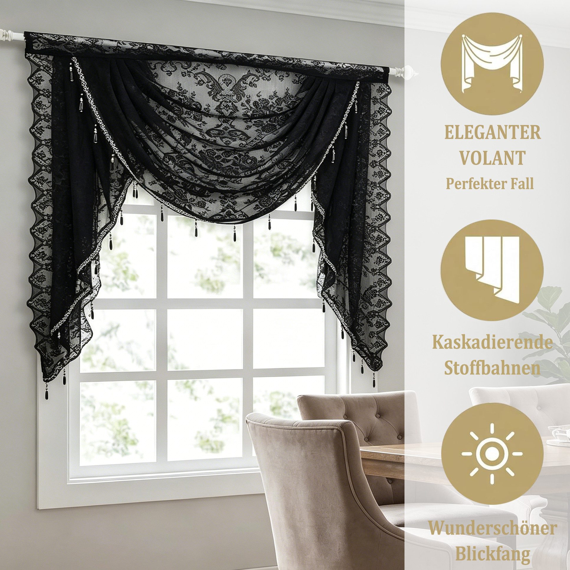 Zyronn Vorhang Halbtransparente Spitzen-Fensterdekoration mit Perlenquasten, Blumenmuster bestickter Voile-Vorhang für Wohnzimmer und Schlafzimmer
