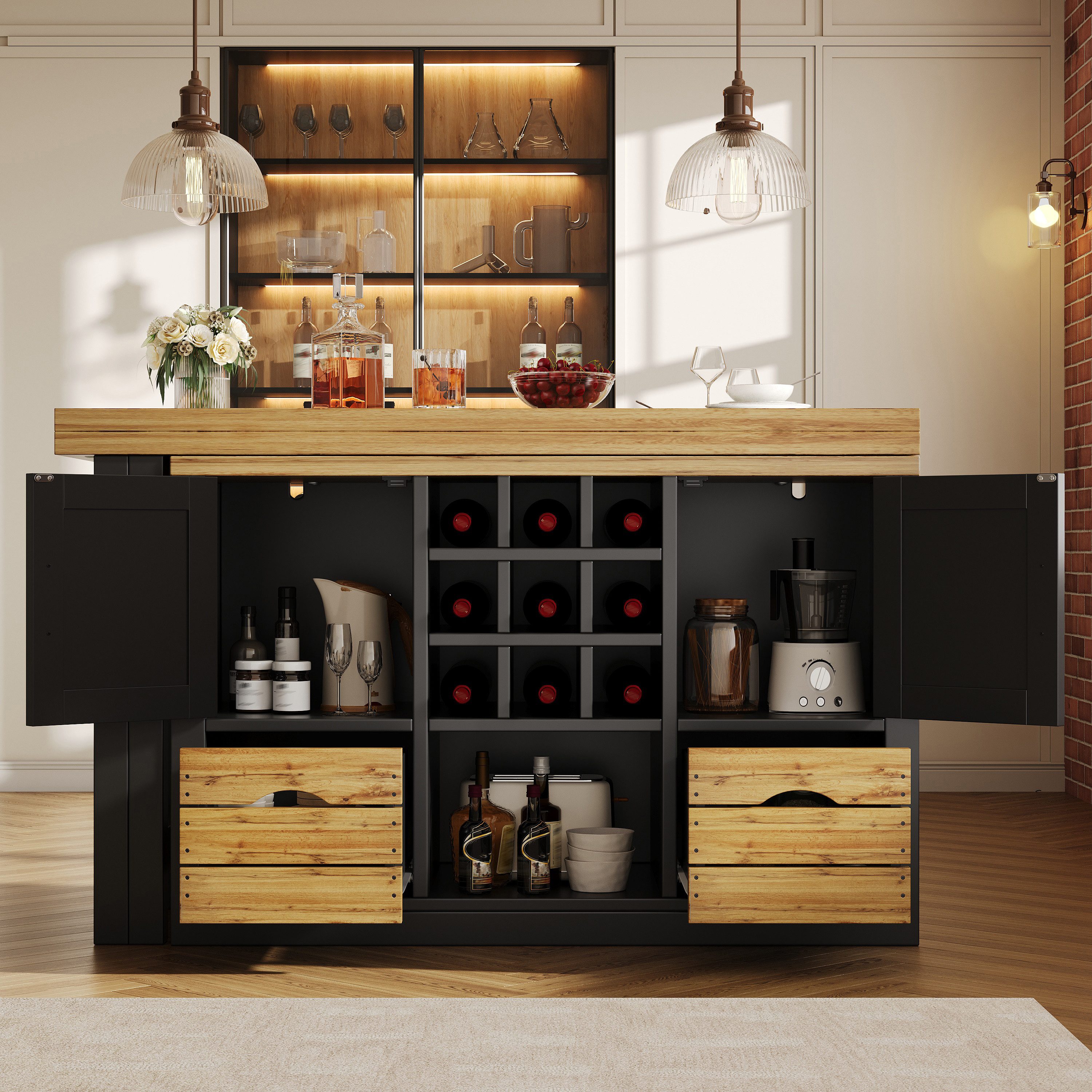 Flieks Kücheninsel Küchenschrank mit 360° drehbarer und klappbarer Arbeitstisch, (Holzoptik Tischplatte Tiefe 40-80cm, Längenverstellbar 120-197 cm), ausziehbarer Esstisch & Mehrzweckschrank mit Weinregal & Holzschublade