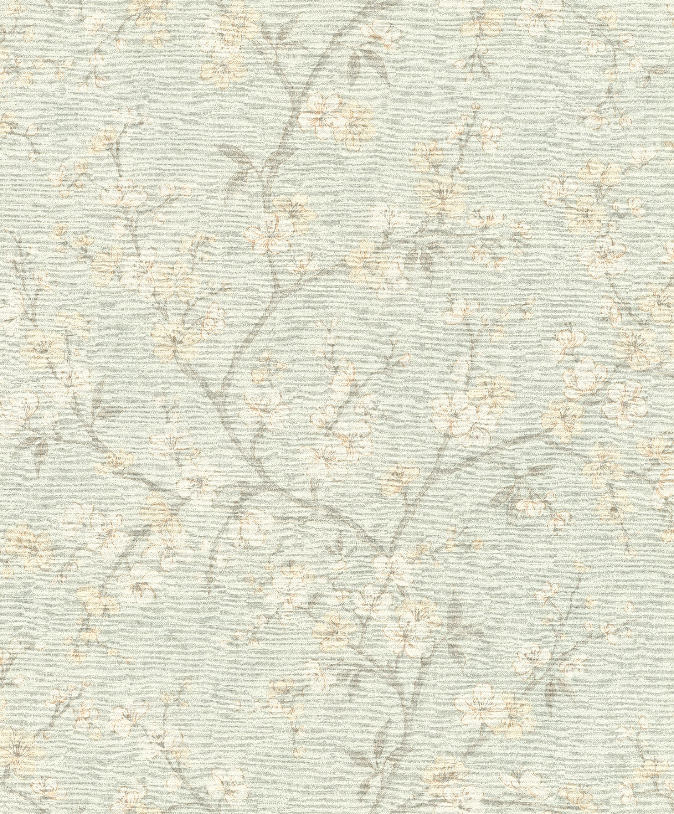 Rasch Vliestapete Kirschblüten & Zweige - Vinyltapete Blau, floral, glänzend, Textiloptik, (1 Rolle, 1 St., Kollektion 'Country Charme' - 10,05 m x 0,53 m), Lichtbeständige Farben - Feucht abwischbar - Restlost abziehbar