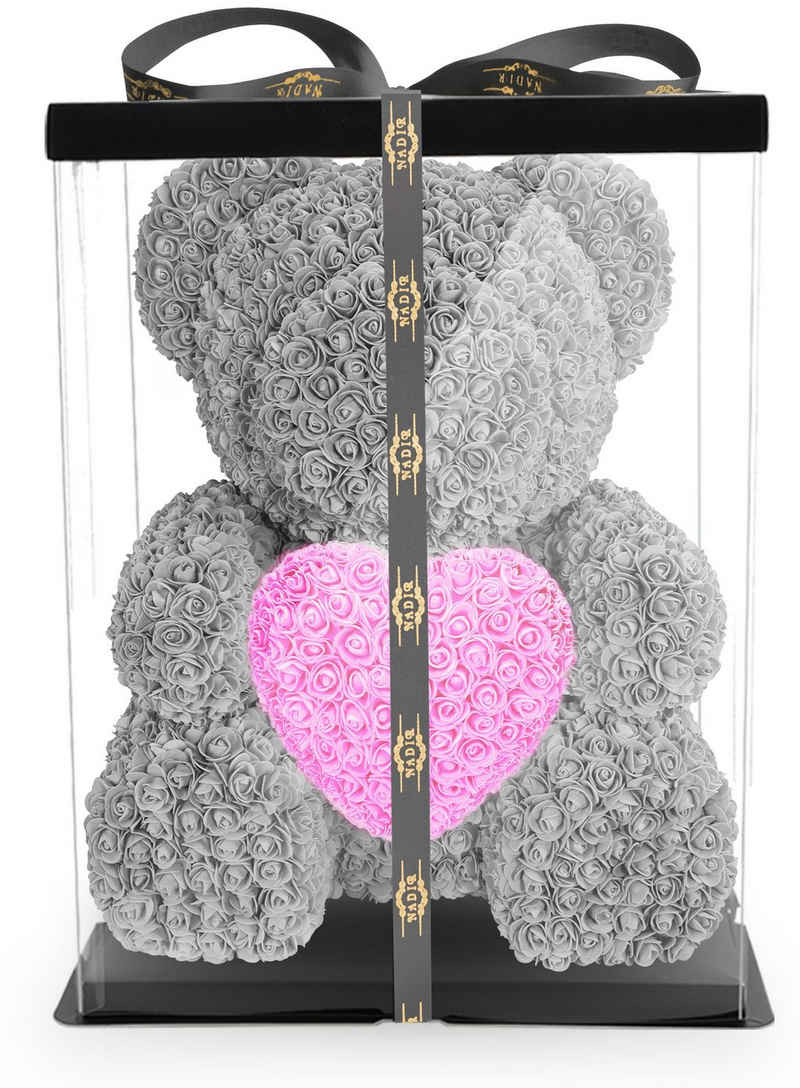 Kunstblume Rosenbär mit Geschenkbox versch. Farben mit Herz - Geschenk für Freundin Jahrestag Geburtstag Hochzeit 70 cm Künstliche Pflanze, NADIR, ca. 850 Kunstblüten