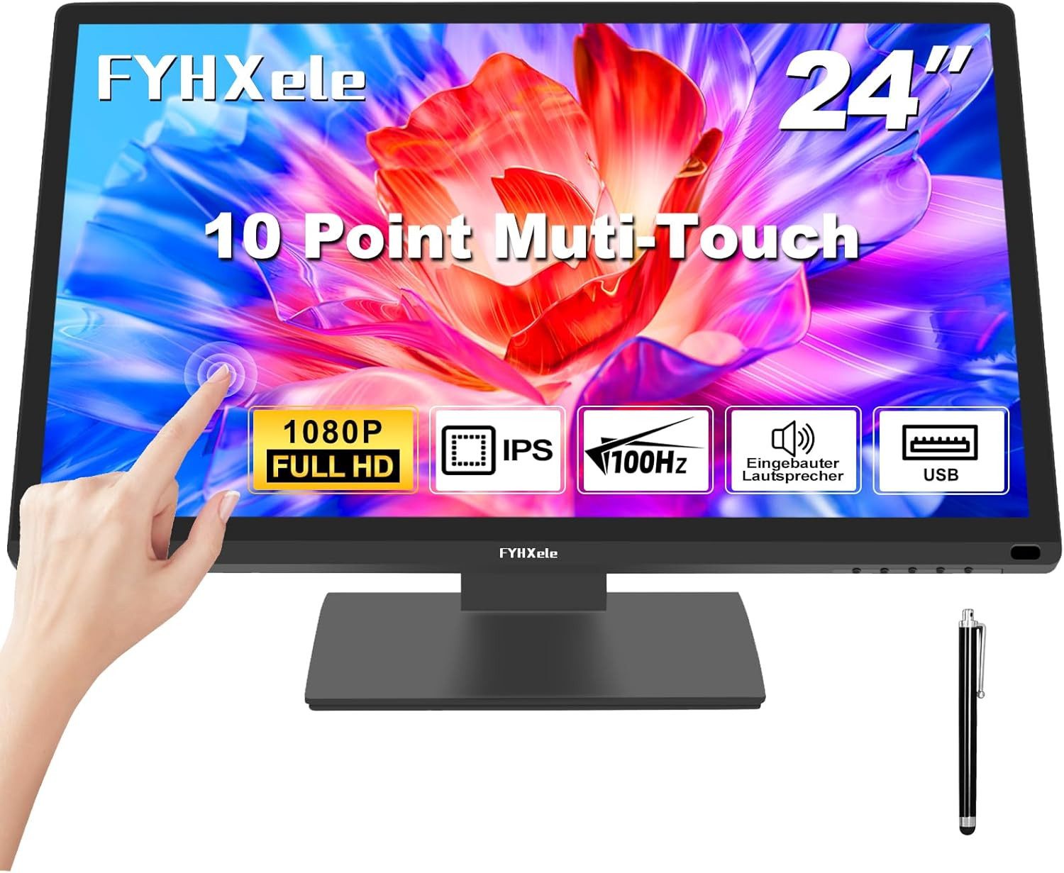 FYHXele FY24FHT LED-Monitor (61,2 cm/24 ", 1920 x 1080 px, FHD, 5 ms Reaktionszeit, 100 Hz, IPS-LED, 10 Punkt Multi Touch, Einbaulautsprecher)