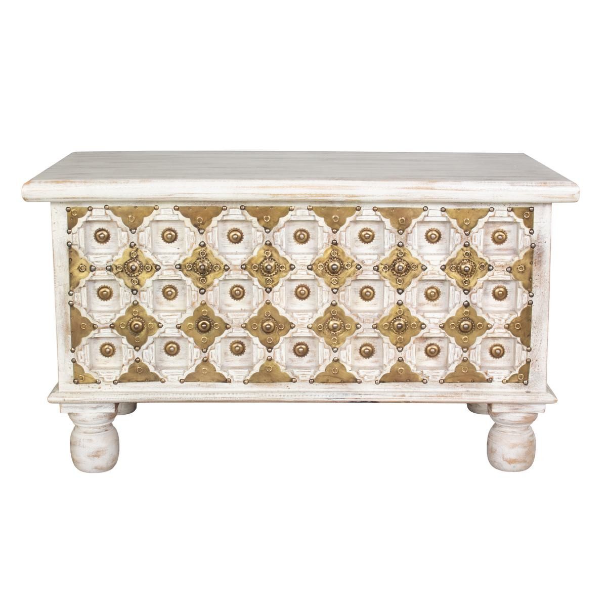 Oriental Galerie Truhe Indische Truhe Kiste Schatztruhe Weiß Gold 80cm, Holztruhe, Couchtisch mit Fach, Schatzkiste, Holzkiste Wohnzimmer