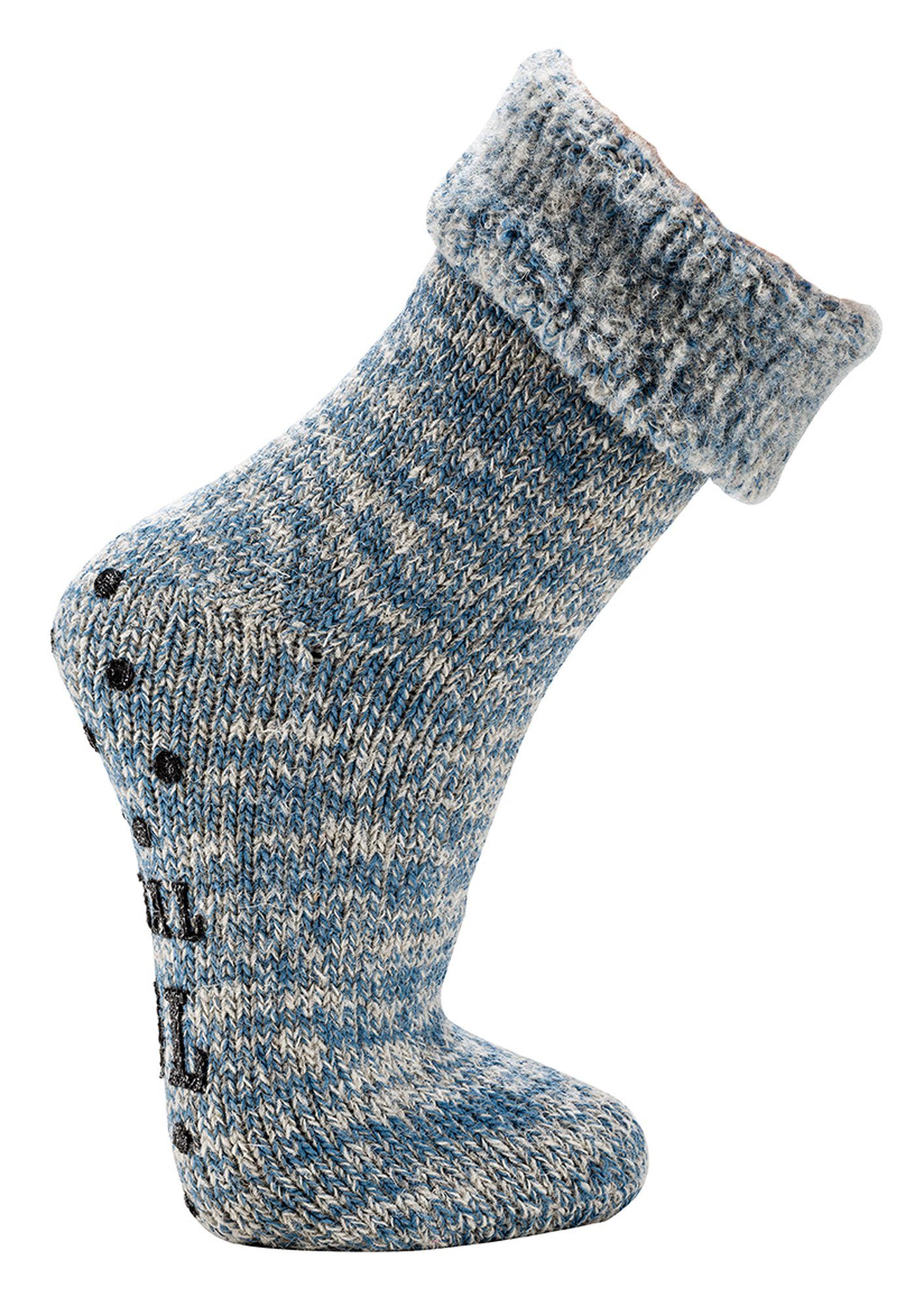 jeansmelange anti Wowerat Homesocks Wolle ABS MEGA ABS Socken Rutsch gerauht, 65% Thermo Socken Druck innen