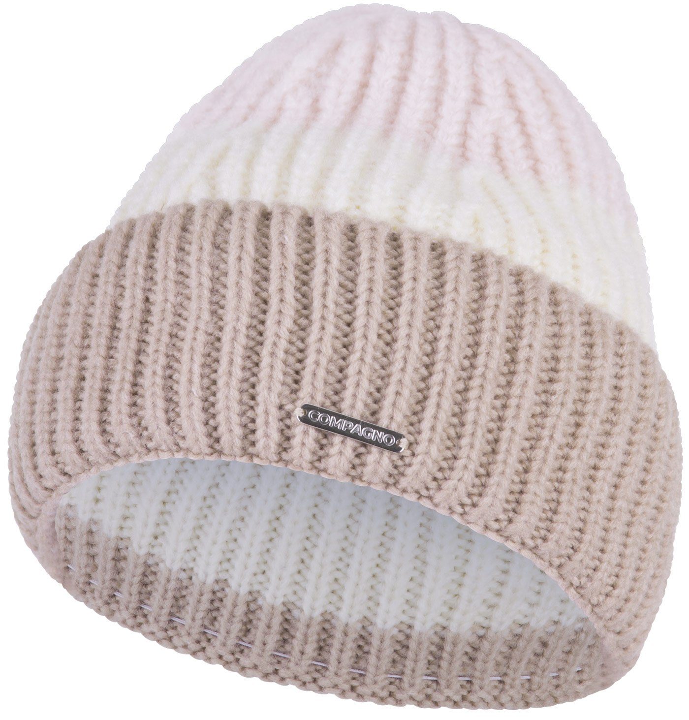 compagno Strickmütze (1-St) Klassische Strickmütze Damen Beanie Wintermütze mit Krempe beige breiter