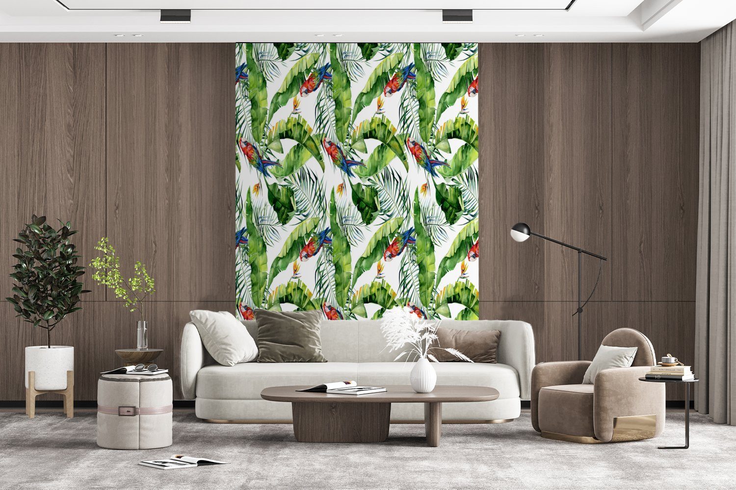 Wandtapete Tapete Papagei, (3 für Matt, - Wohnzimmer, bedruckt, Montagefertig Vinyl St), Paradiesvogelpflanze Blumen - MuchoWow Fototapete