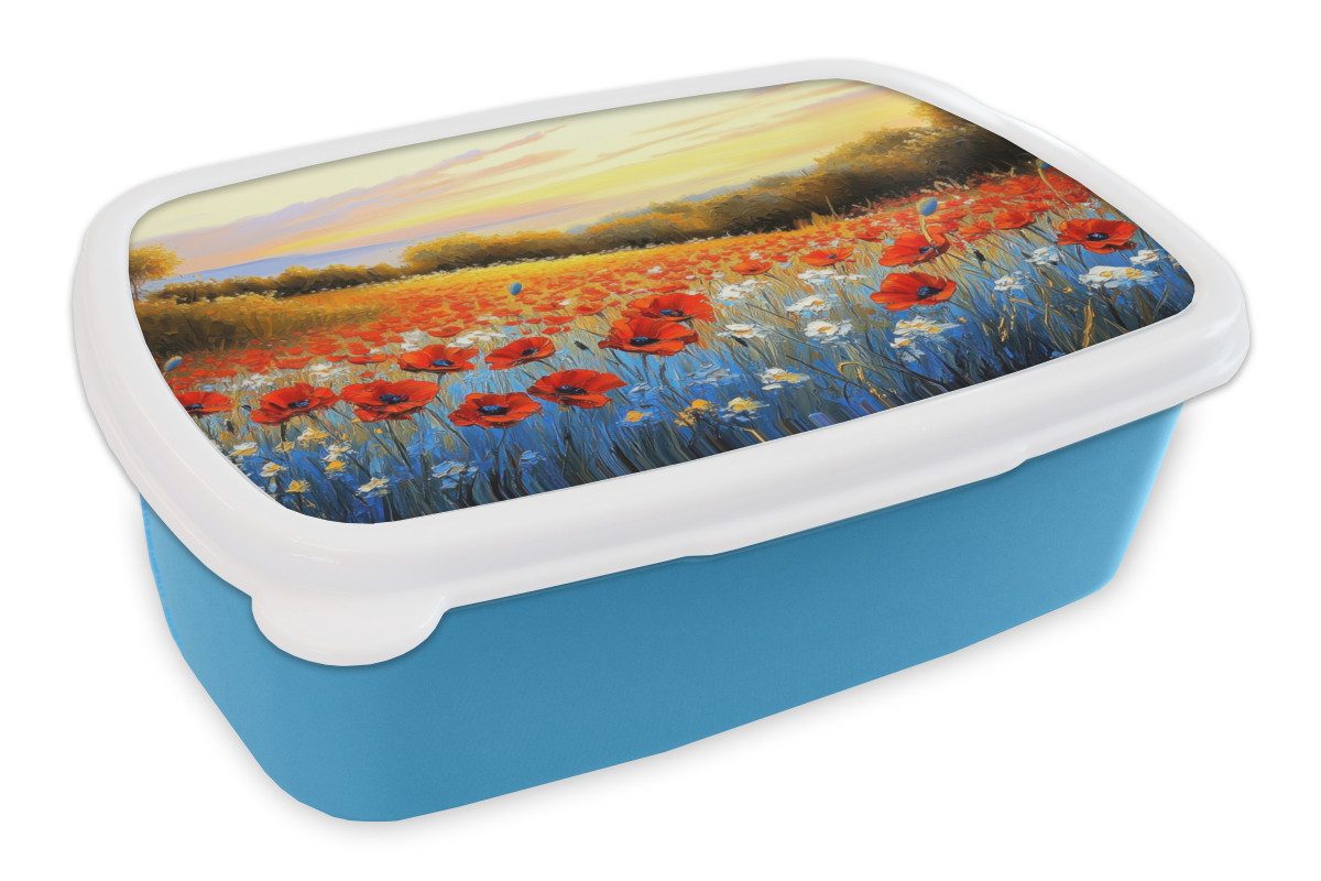 MuchoWow Lunchbox Mohn - Blumenfeld - Farbenfroh, Kunststoff, (2-tlg), Brotdose, Lunchbox, Brotbox für Kinder und Erwachsene