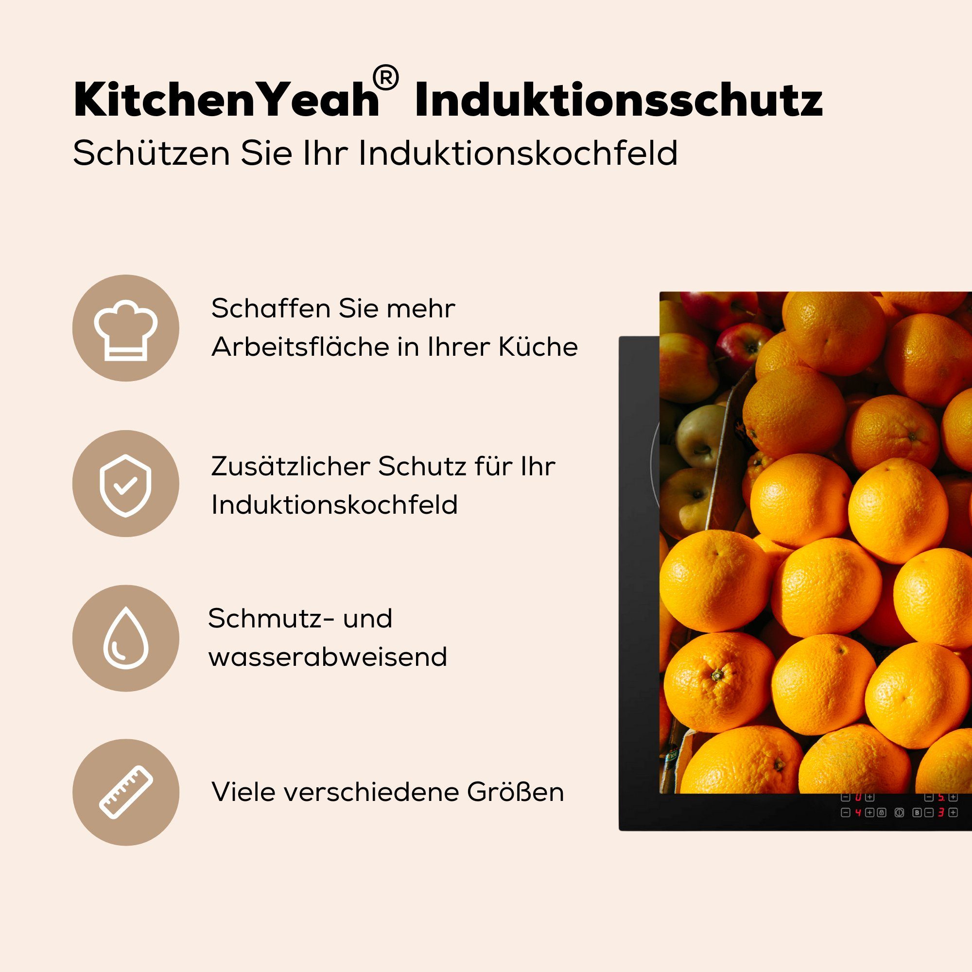 (1 MuchoWow Hand Orange Induktionskochfeld Herdblende-/Abdeckplatte die küche, - - Schutz Ceranfeldabdeckung cm, für tlg), - Vinyl, 81x52 Markt, Obst