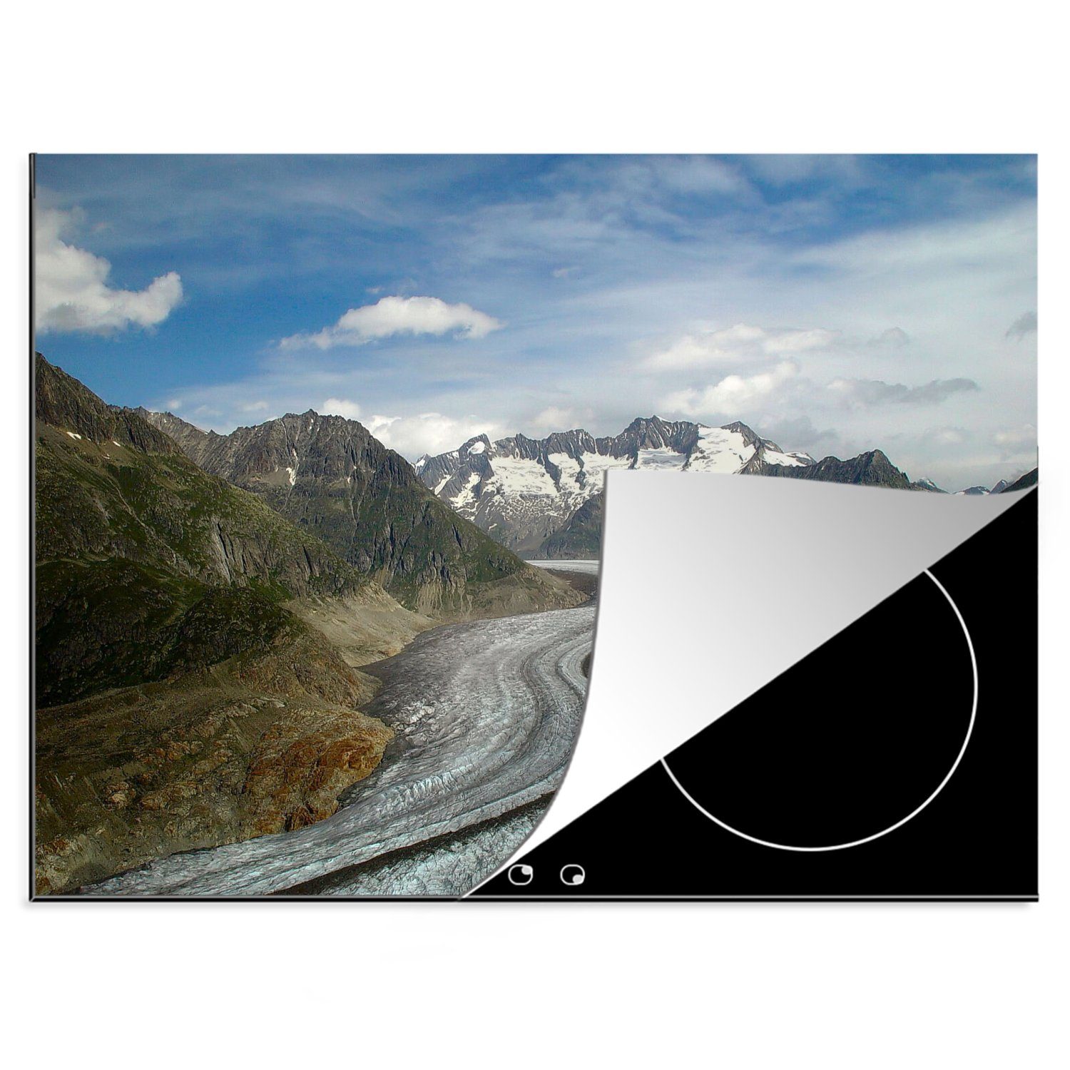 MuchoWow Herdblende-/Abdeckplatte Aletschgletscher in der Schweiz mit blauem Himmel und Wolken, Vinyl, (1 tlg), 70x52 cm, Mobile Arbeitsfläche nutzbar, Ceranfeldabdeckung