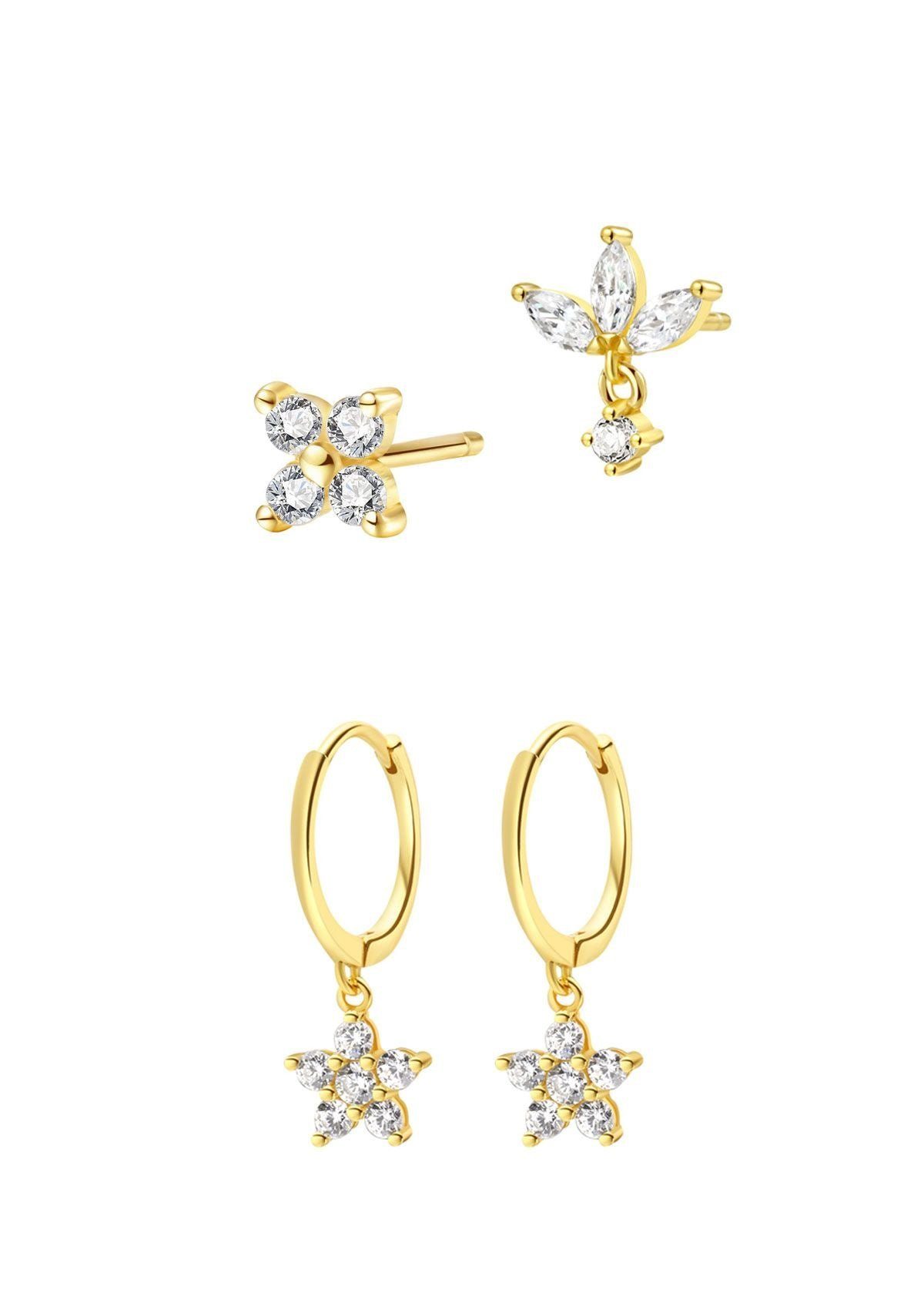 Hey Happiness Ohrring-Set Blumenlicht, 4er Layer Damen Schmuckset Silber 925, Blume Charm Creolen & kleine Zirkonia Ohrstecker, in Gold Silber